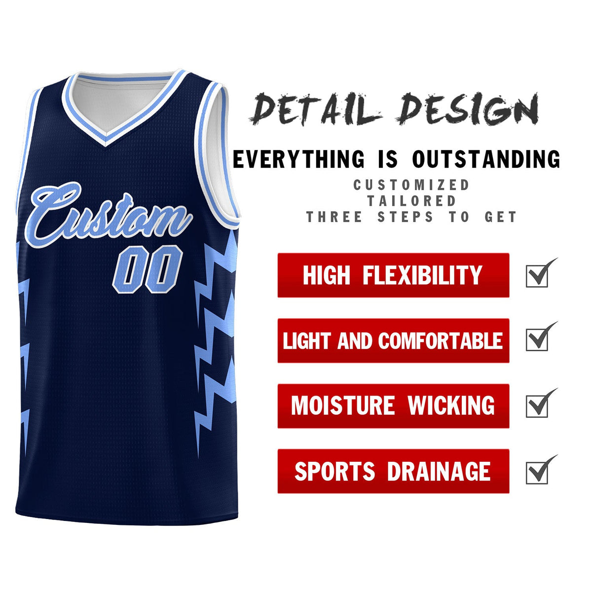 Custom Navy Side Lightning Pattern Sports Uniform Basketball Jersey|KXKSHOP