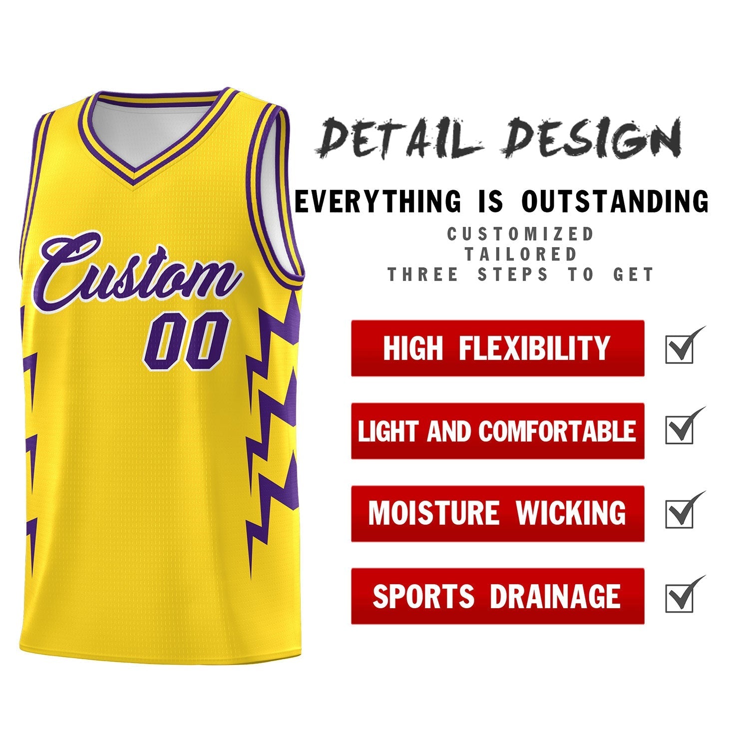 Custom Gold Side Lightning Pattern Sports Uniform Basketball Jersey|KXKSHOP