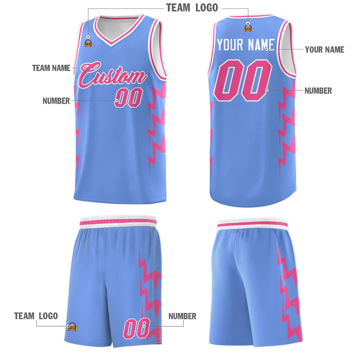 Custom Light Blue Side Lightning Pattern Sports Uniform Basketball Jersey|KXKSHOP