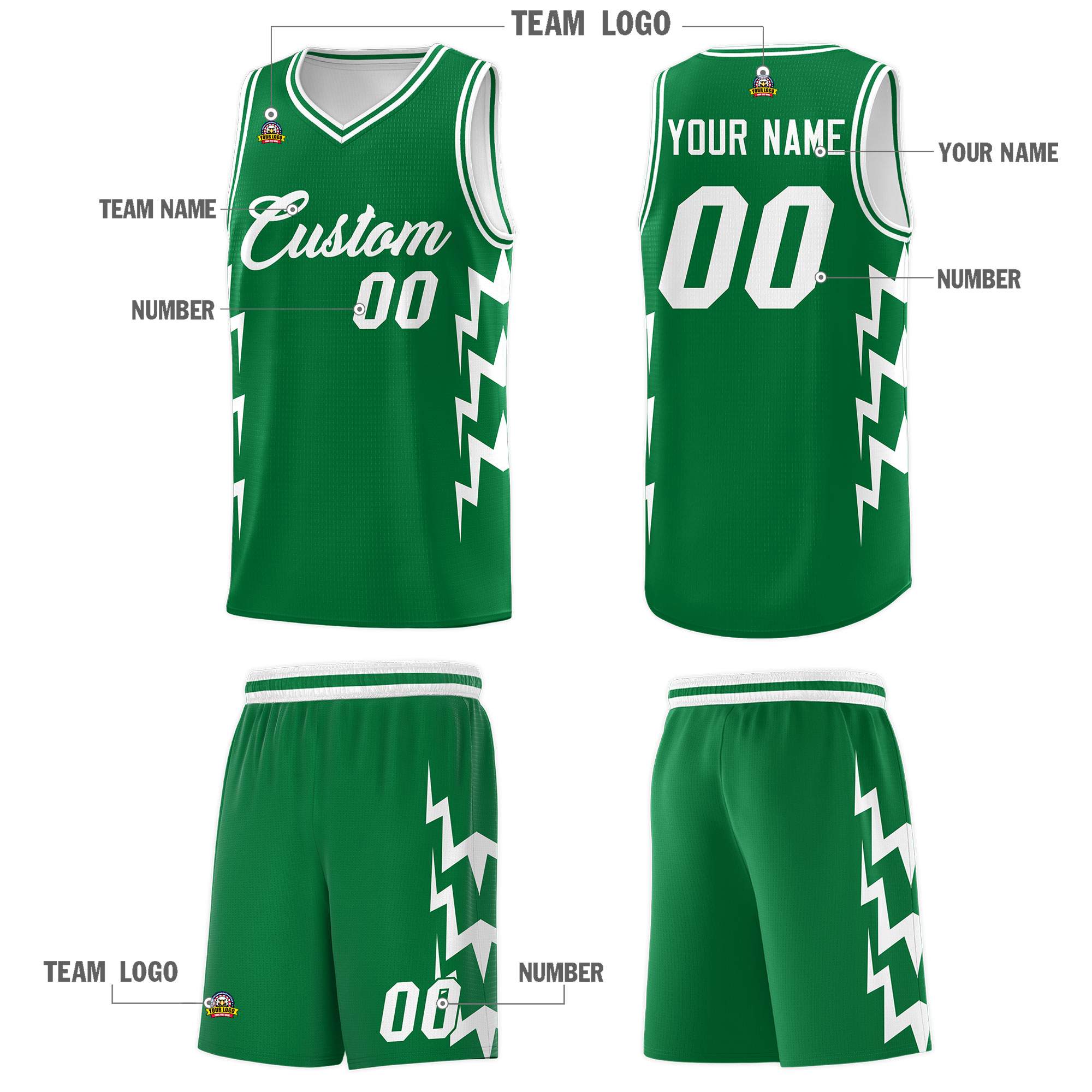 Custom Kelly Green Side Lightning Pattern Sports Uniform Basketball Jersey|KXKSHOP