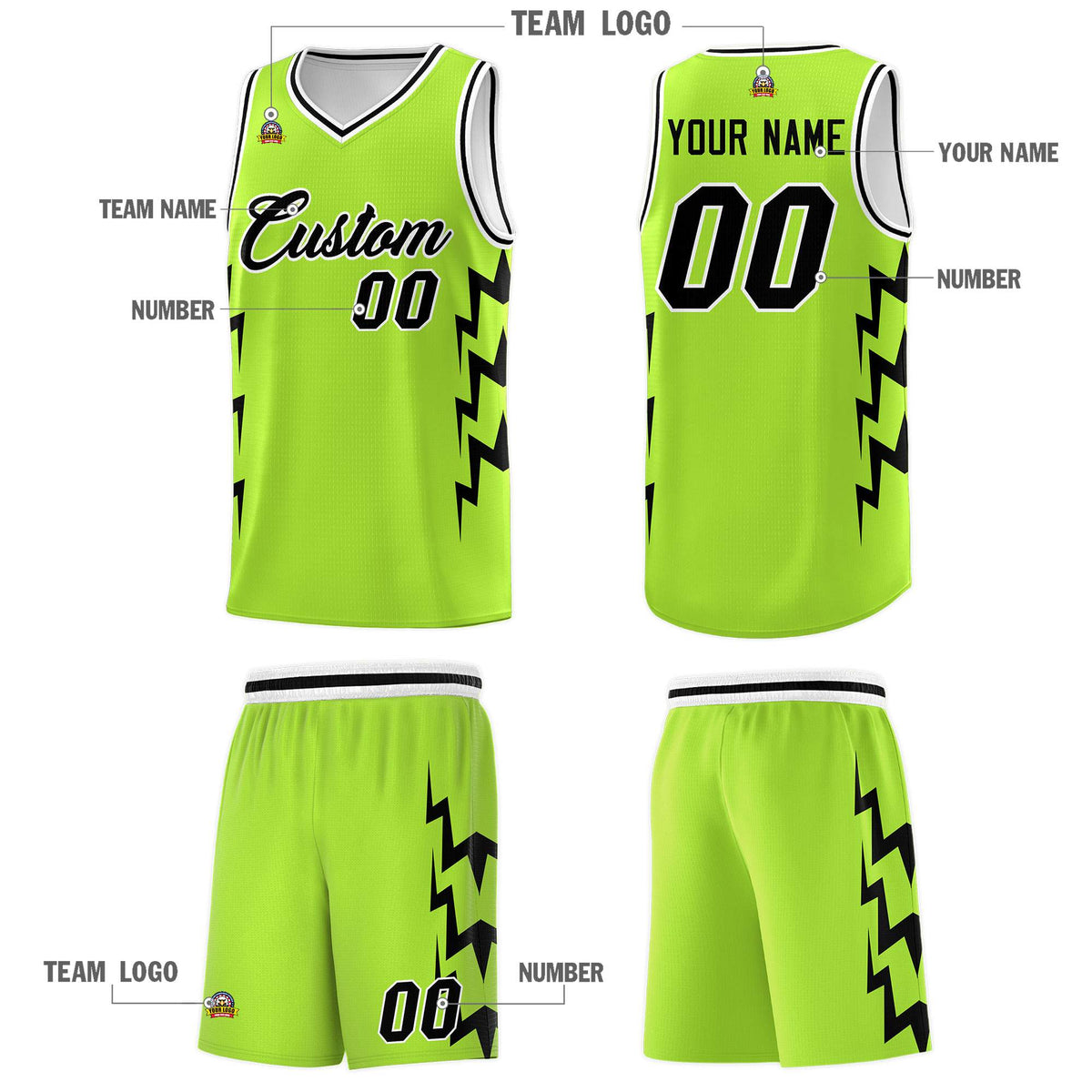 Custom Neon Green Side Lightning Pattern Sports Uniform Basketball Jersey|KXKSHOP