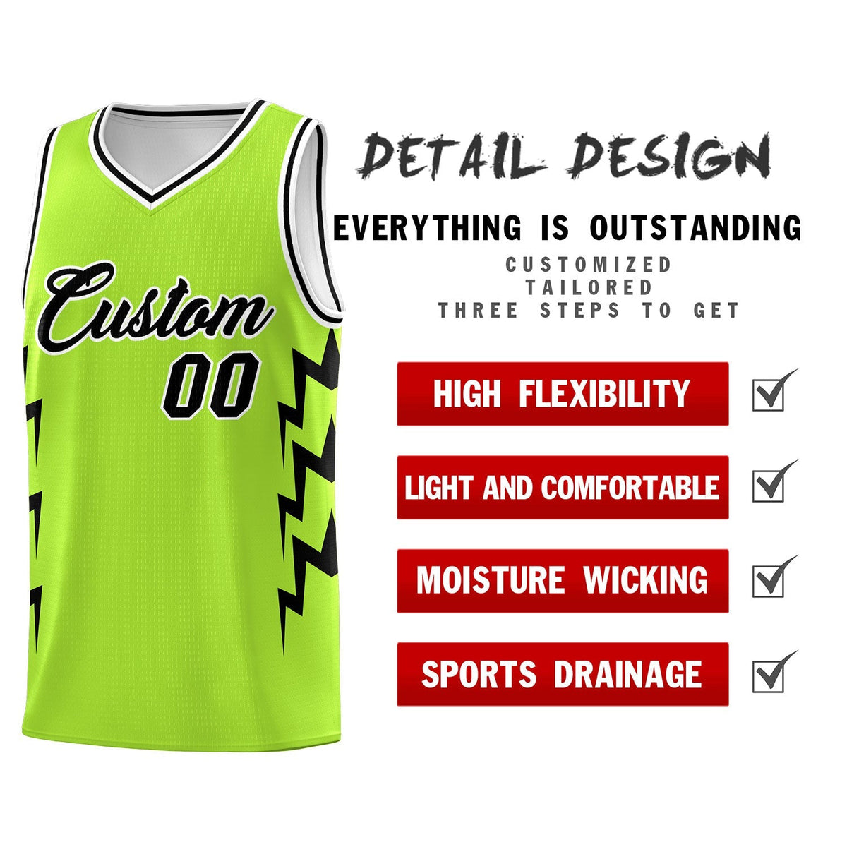 Custom Neon Green Side Lightning Pattern Sports Uniform Basketball Jersey|KXKSHOP
