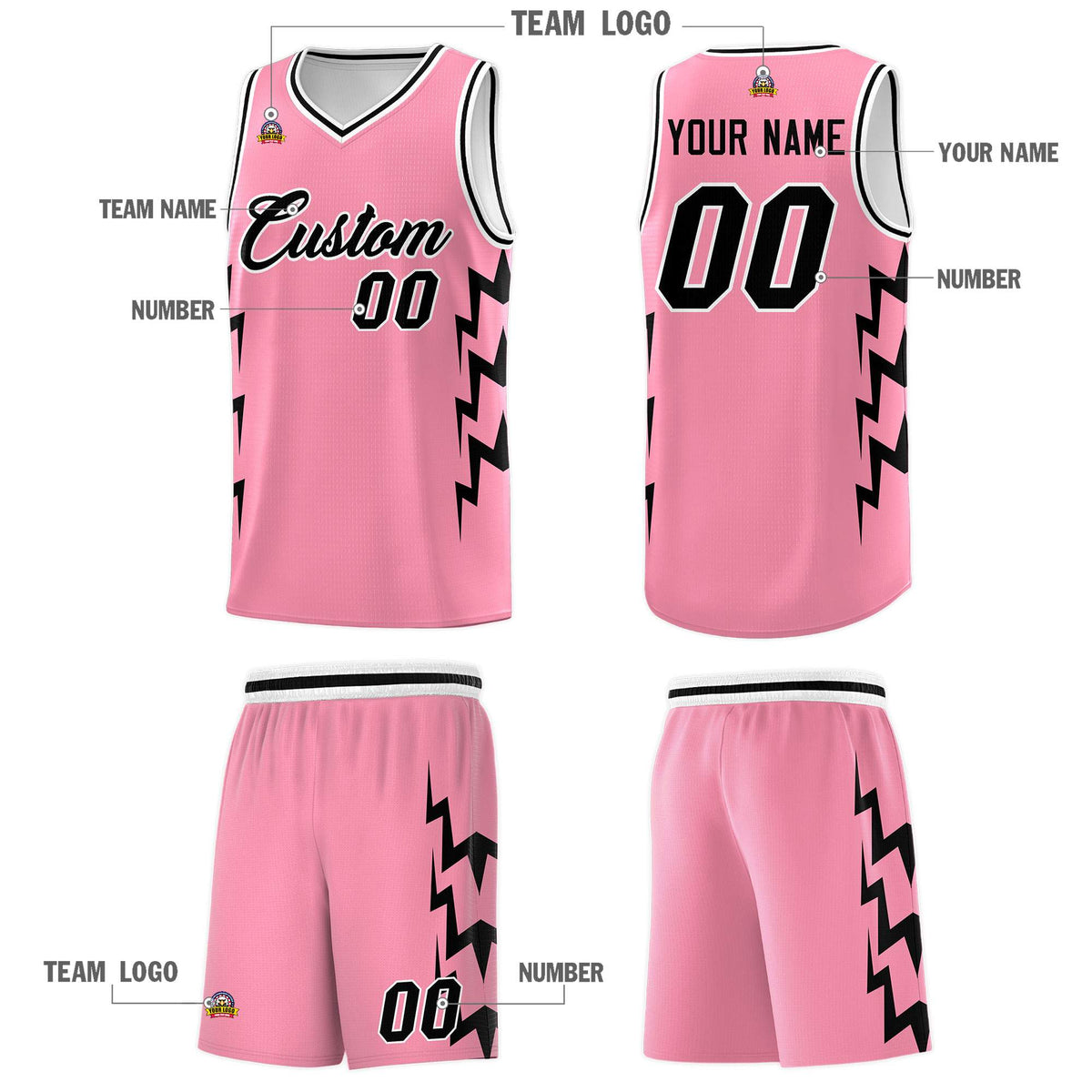 Custom Light Pink Side Lightning Pattern Sports Uniform Basketball Jersey|KXKSHOP