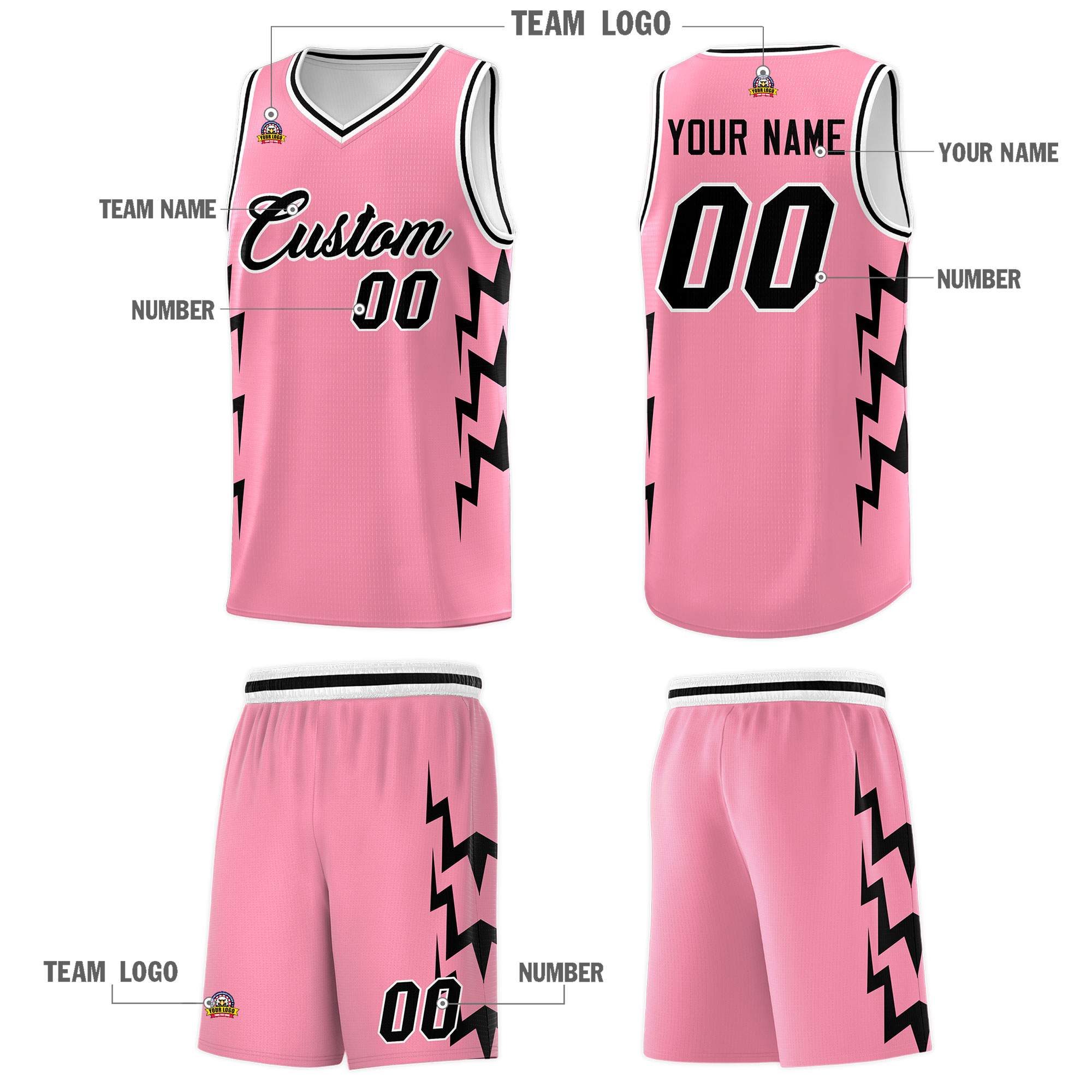 Custom Light Pink Side Lightning Pattern Sports Uniform Basketball Jersey|KXKSHOP