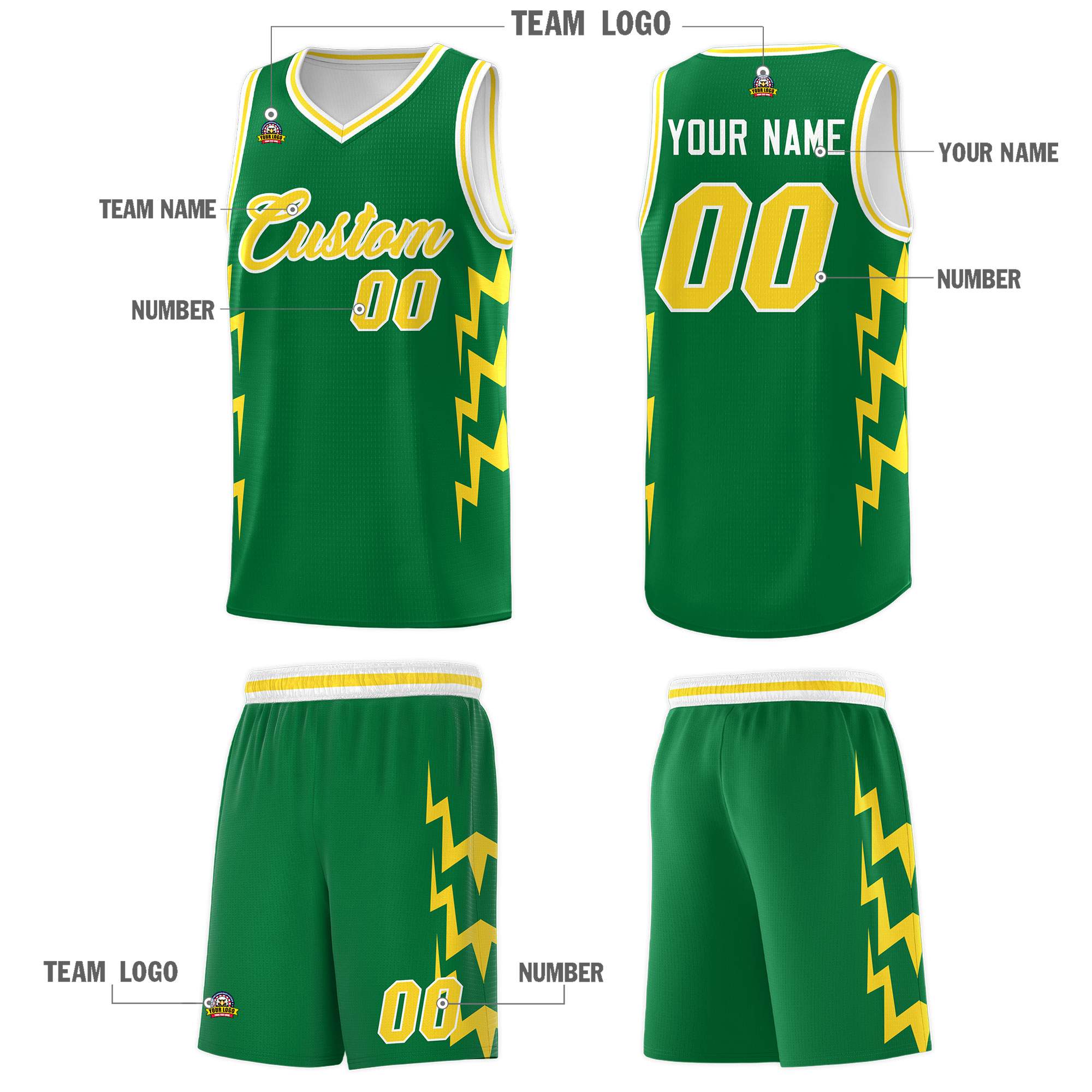Custom Kelly Green Side Lightning Pattern Sports Uniform Basketball Jersey|KXKSHOP