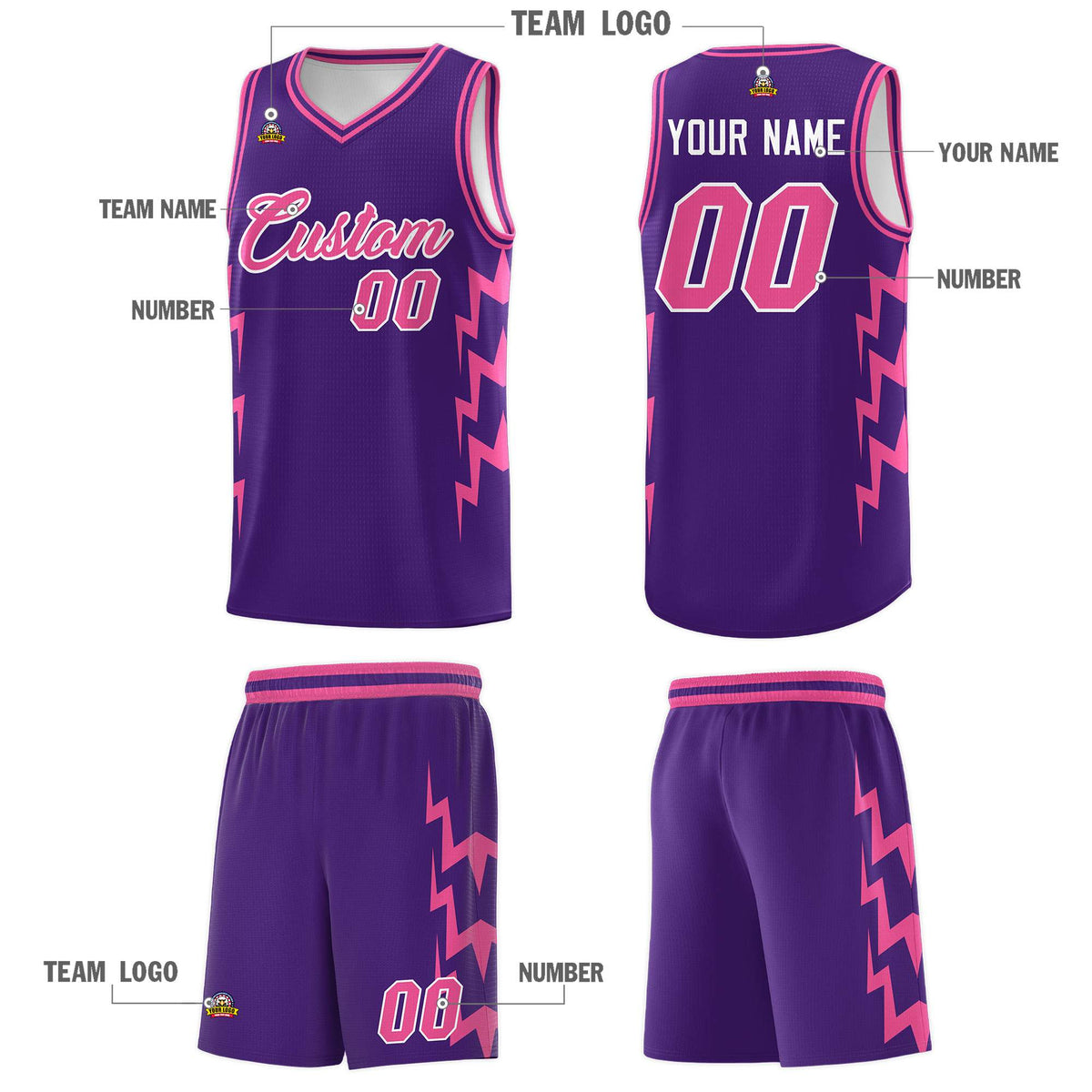 Custom Purple Side Lightning Pattern Sports Uniform Basketball Jersey|KXKSHOP