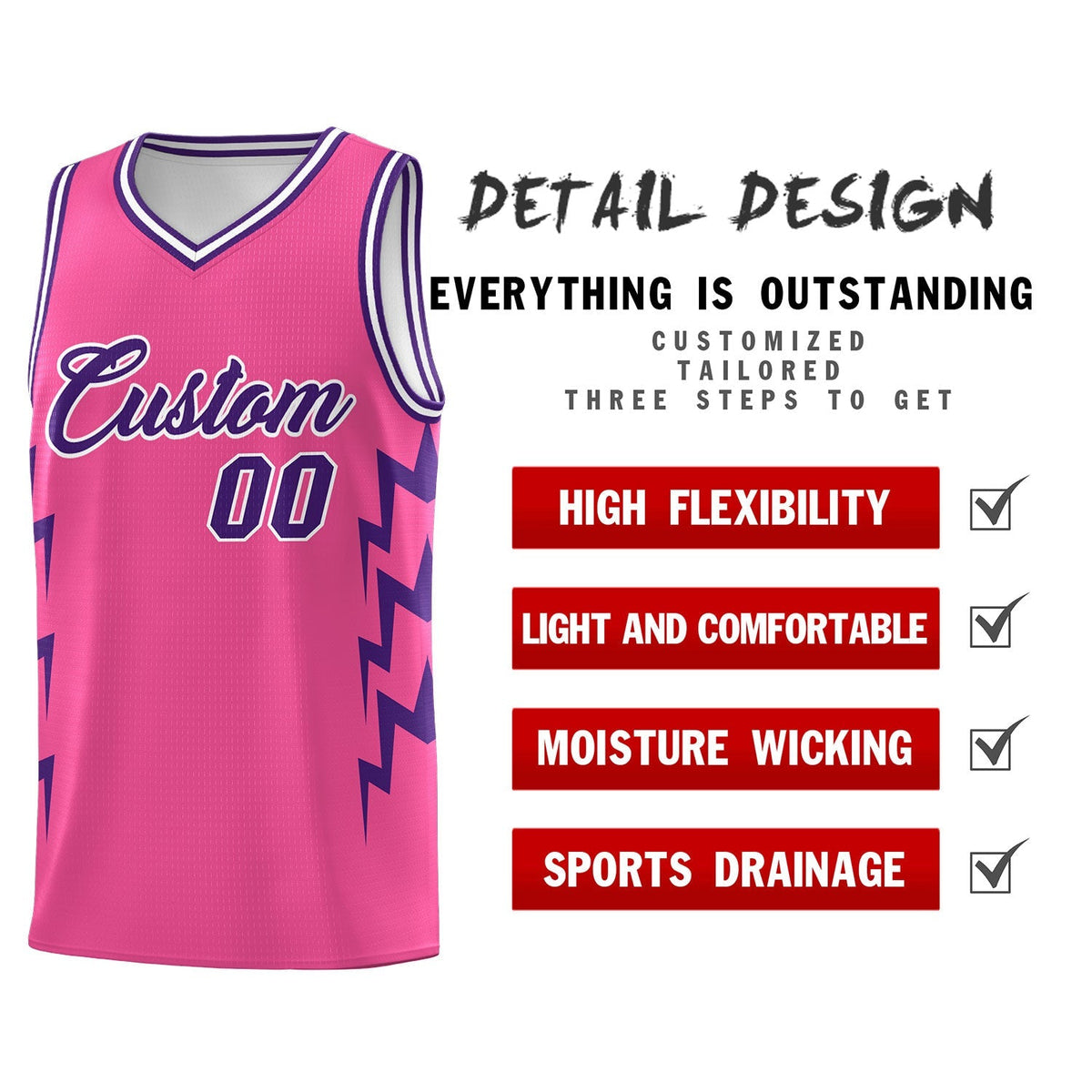 Custom Pink Side Lightning Pattern Sports Uniform Basketball Jersey|KXKSHOP