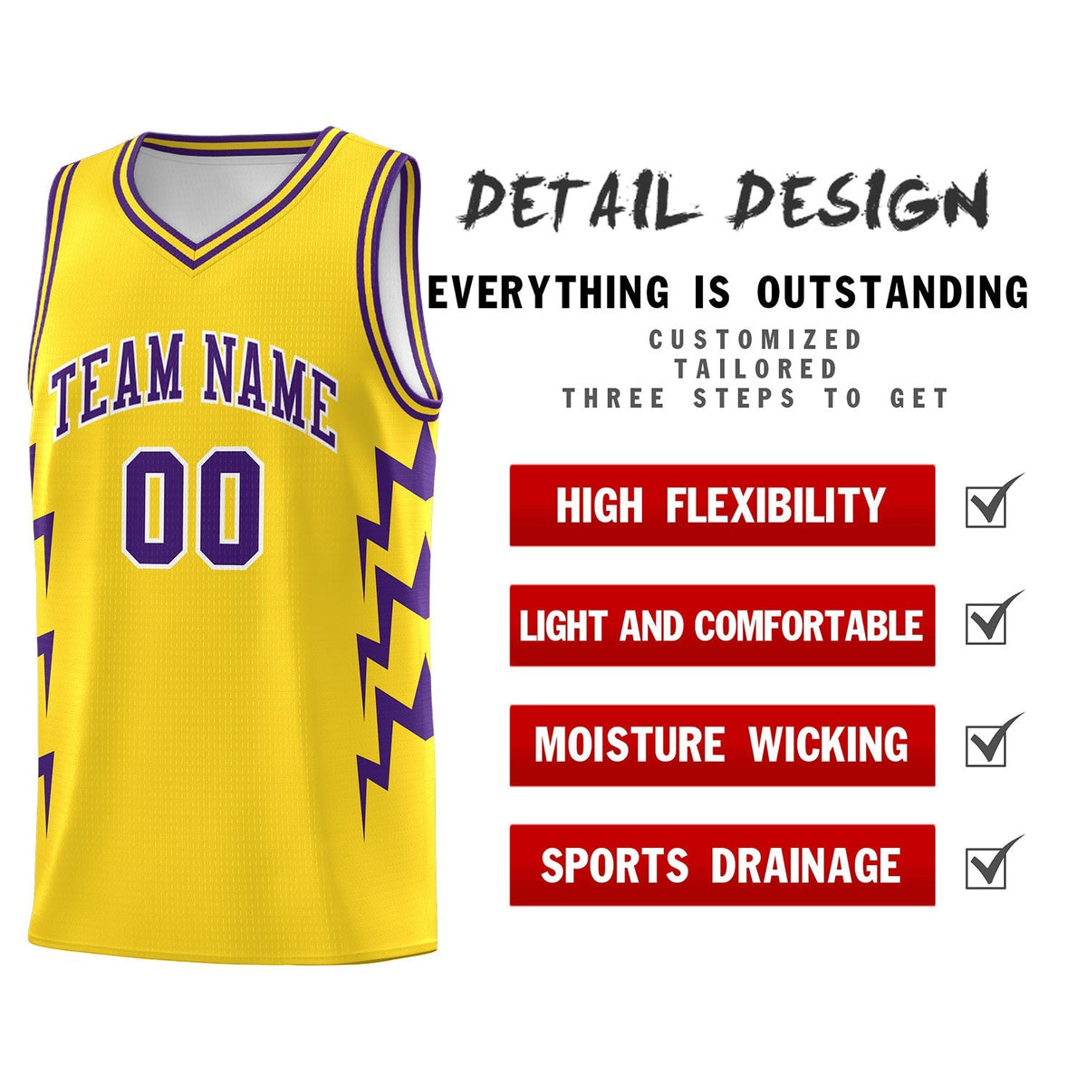 Custom Gold Side Lightning Pattern Sports Uniform Basketball Jersey|KXKSHOP