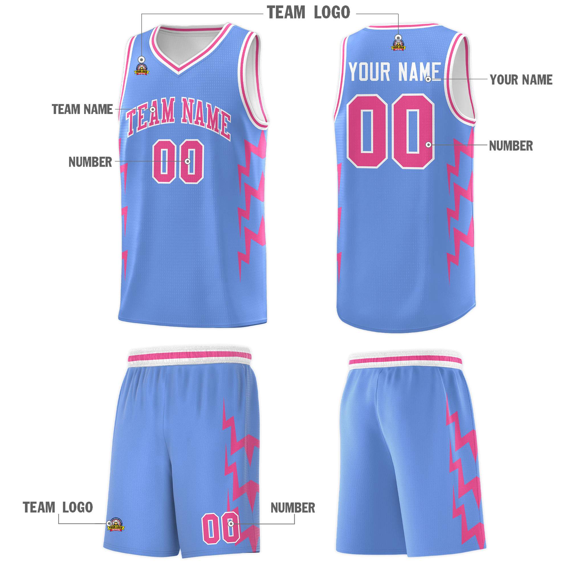 Custom Light Blue Side Lightning Pattern Sports Uniform Basketball Jersey|KXKSHOP