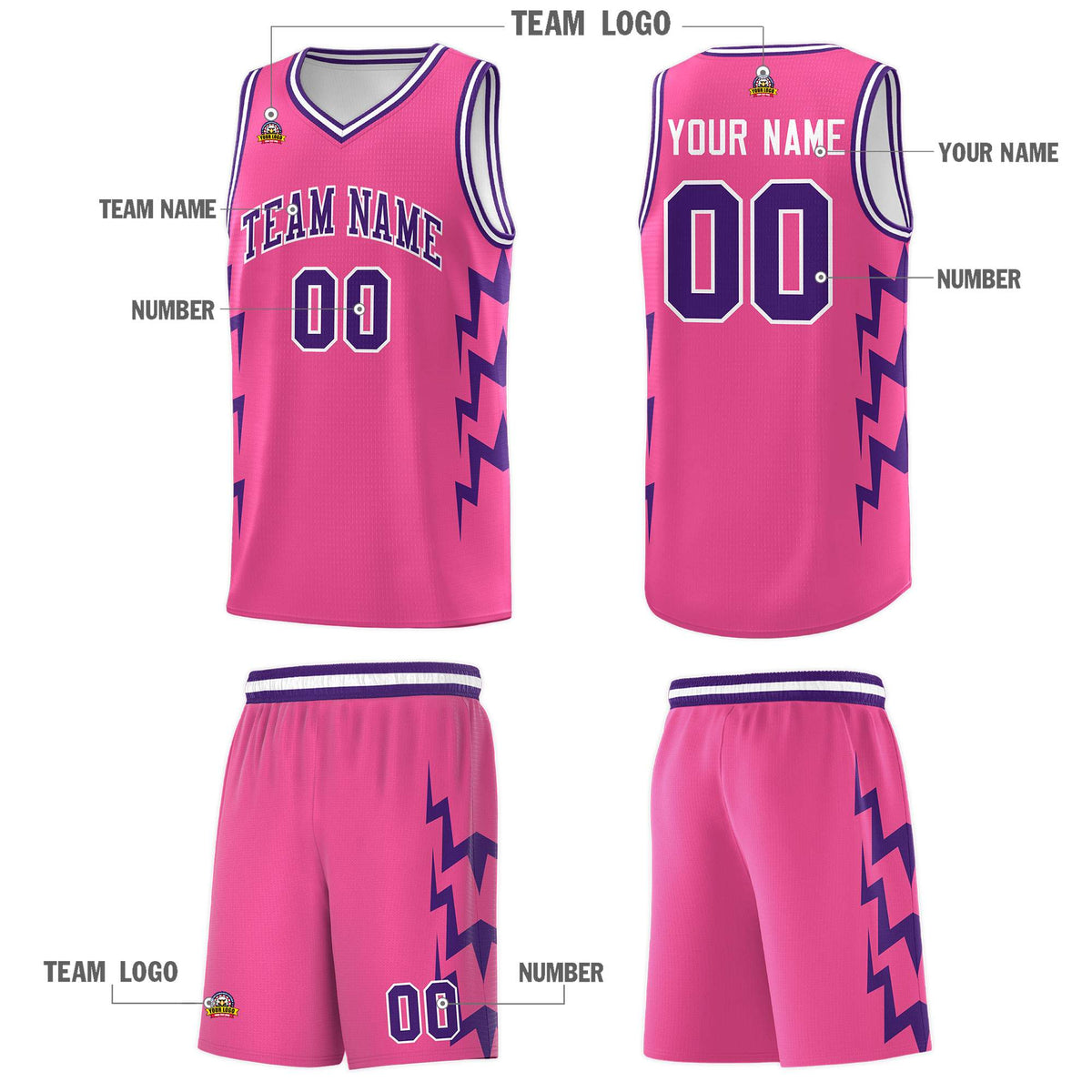 Custom Pink Side Lightning Pattern Sports Uniform Basketball Jersey|KXKSHOP
