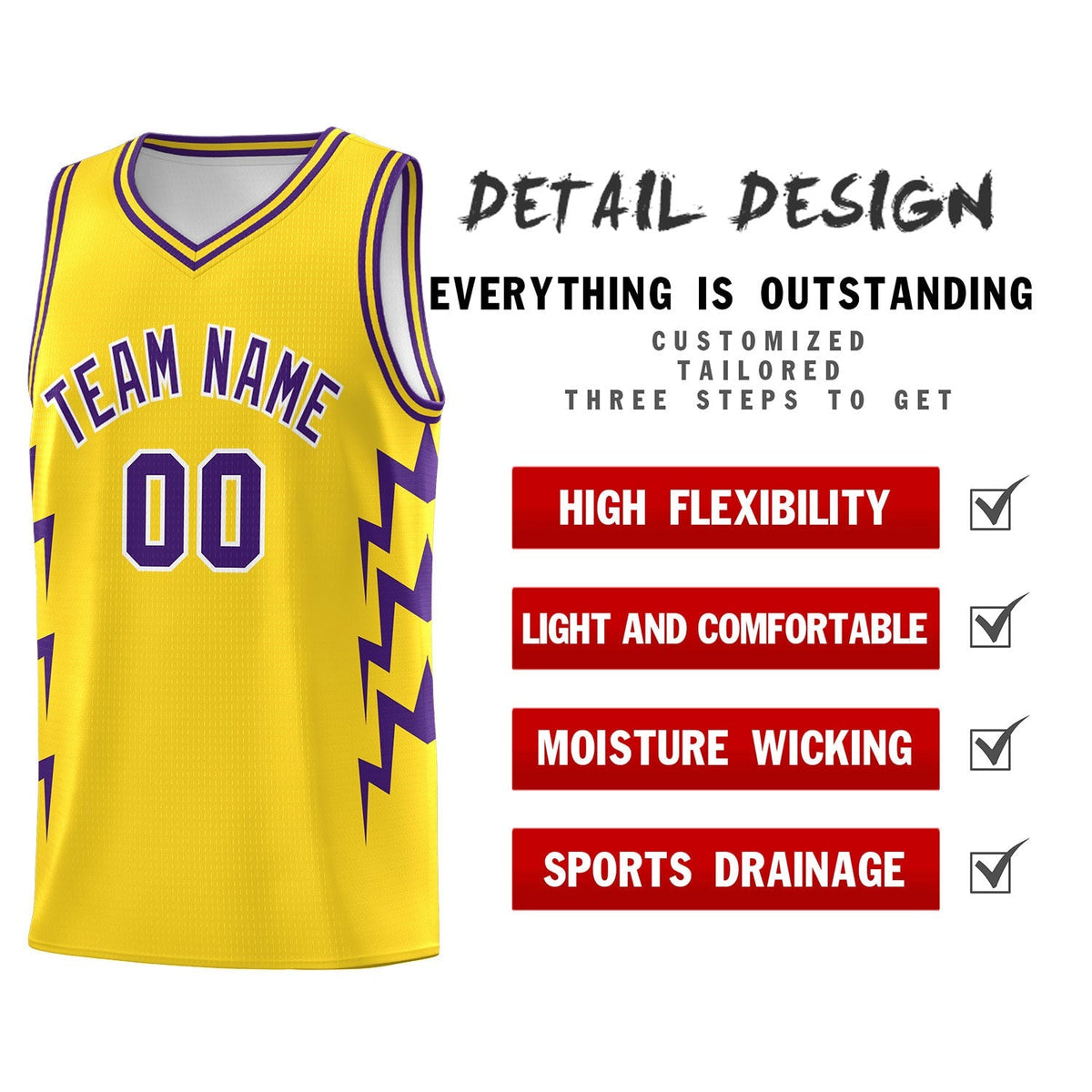 Custom Gold Side Lightning Pattern Sports Uniform Basketball Jersey|KXKSHOP