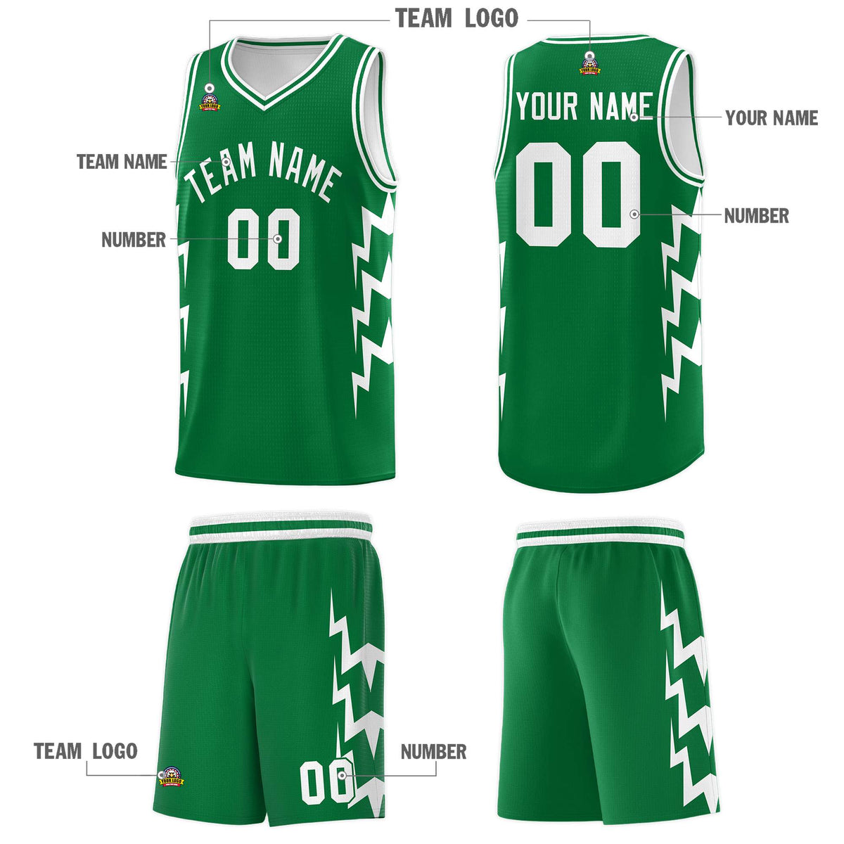 Custom Kelly Green Side Lightning Pattern Sports Uniform Basketball Jersey|KXKSHOP