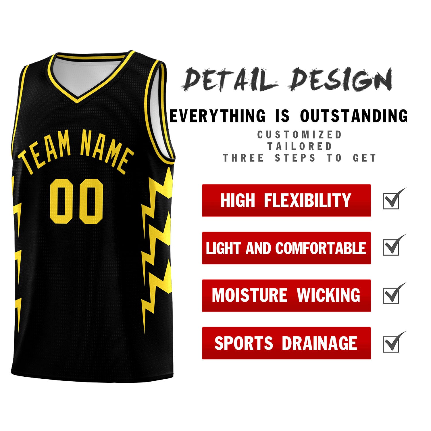 Custom Black Side Lightning Pattern Sports Uniform Basketball Jersey|KXKSHOP