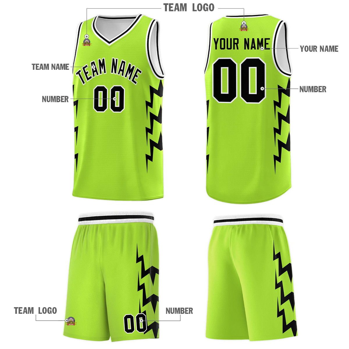 Custom Neon Green Side Lightning Pattern Sports Uniform Basketball Jersey|KXKSHOP