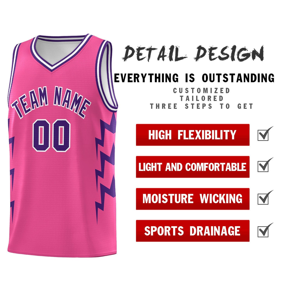 Custom Pink Side Lightning Pattern Sports Uniform Basketball Jersey|KXKSHOP