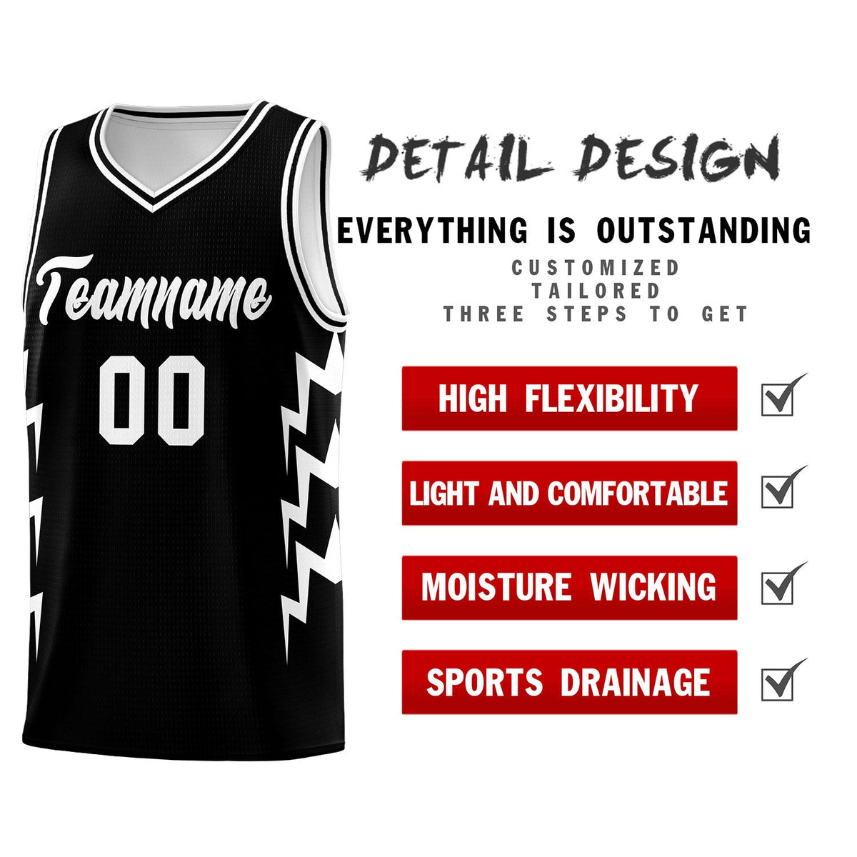 Custom Black Side Lightning Pattern Sports Uniform Basketball Jersey|KXKSHOP