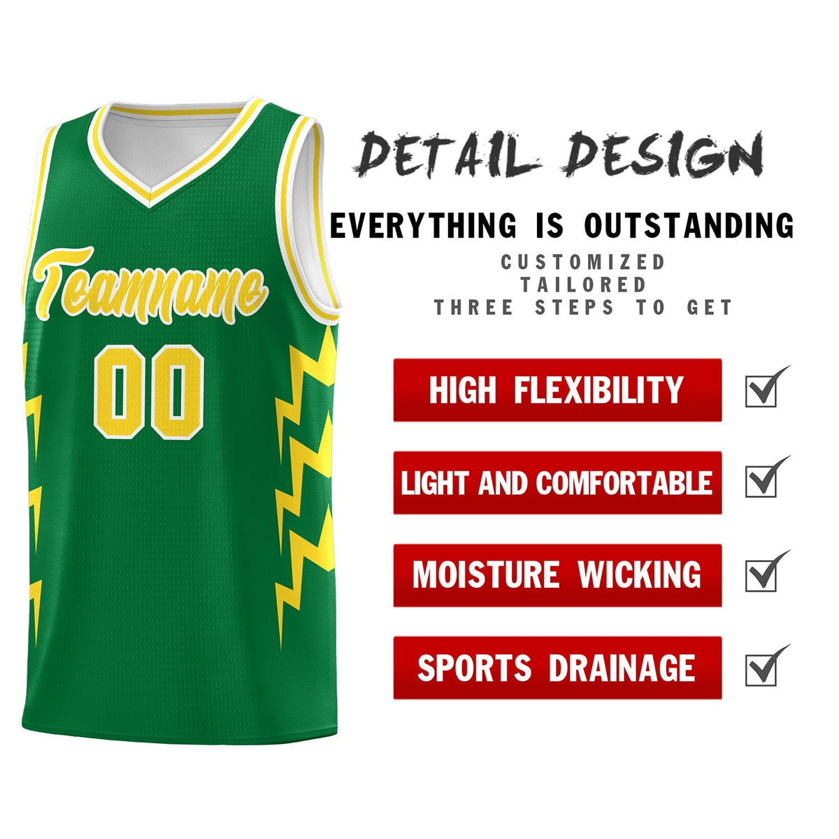 Custom Kelly Green Side Lightning Pattern Sports Uniform Basketball Jersey|KXKSHOP