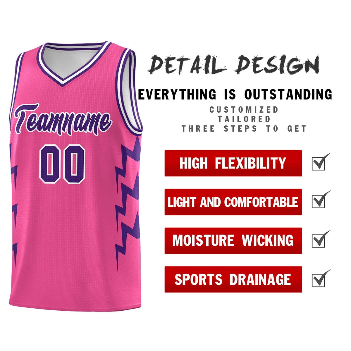 Custom Pink Side Lightning Pattern Sports Uniform Basketball Jersey|KXKSHOP