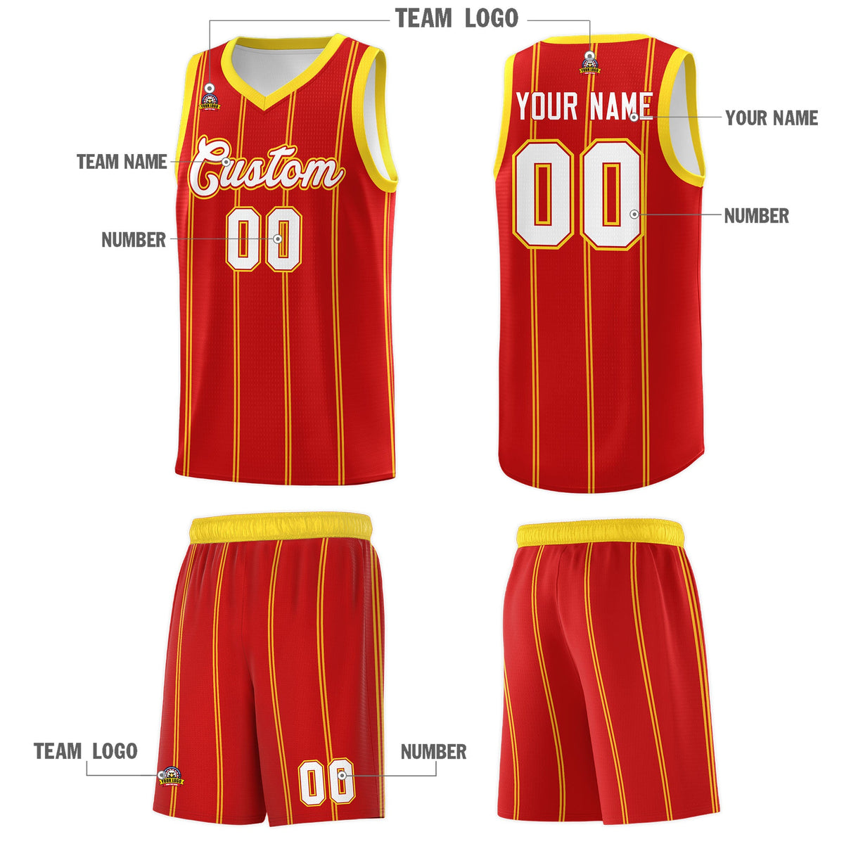 Custom Red Gold White Vertical Stripes Single Sided Sets Basketball Jersey | For Men,Stitched,Perfect for Training,Add Name and Numbern | KXKSHOP