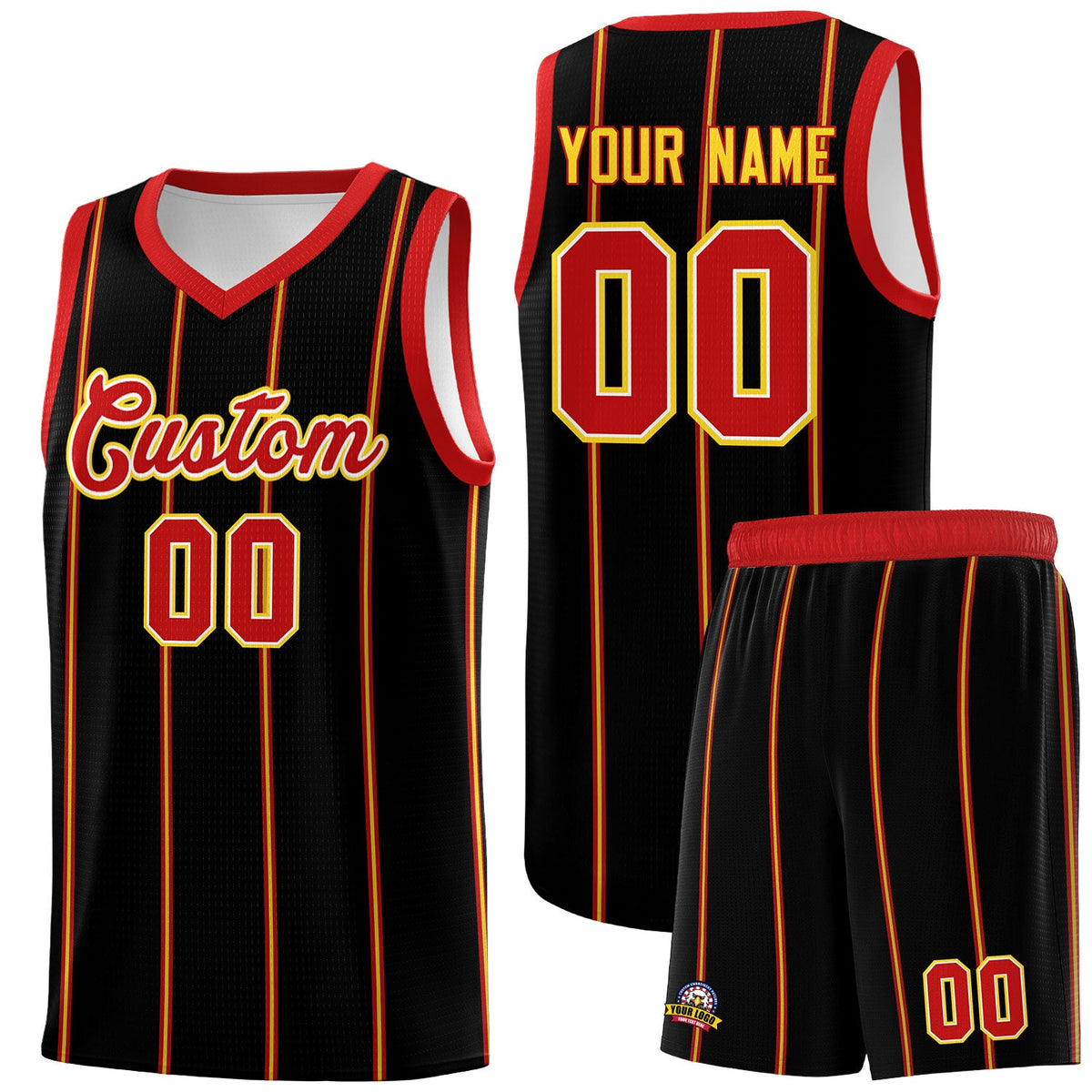 Custom Black Red White Gold Vertical Stripes Single Sided Sets Basketball Jersey | For Men,Stitched,Perfect for Training,Add Name and Numbern | KXKSHOP