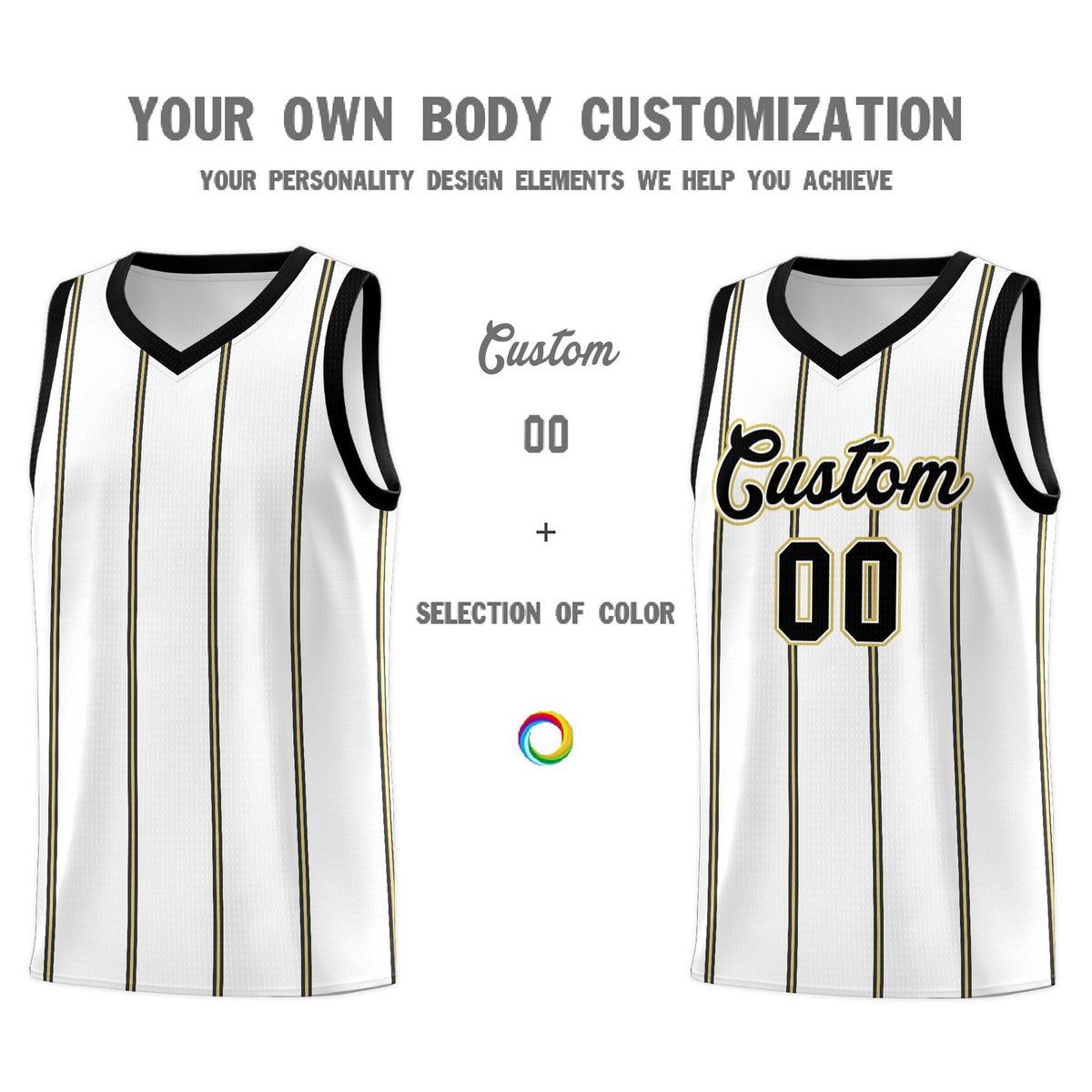 Custom White Black Old Gold Vertical Stripes Single Sided Sets Basketball Jersey | For Men,Stitched,Perfect for Training,Add Name and Numbern | KXKSHOP