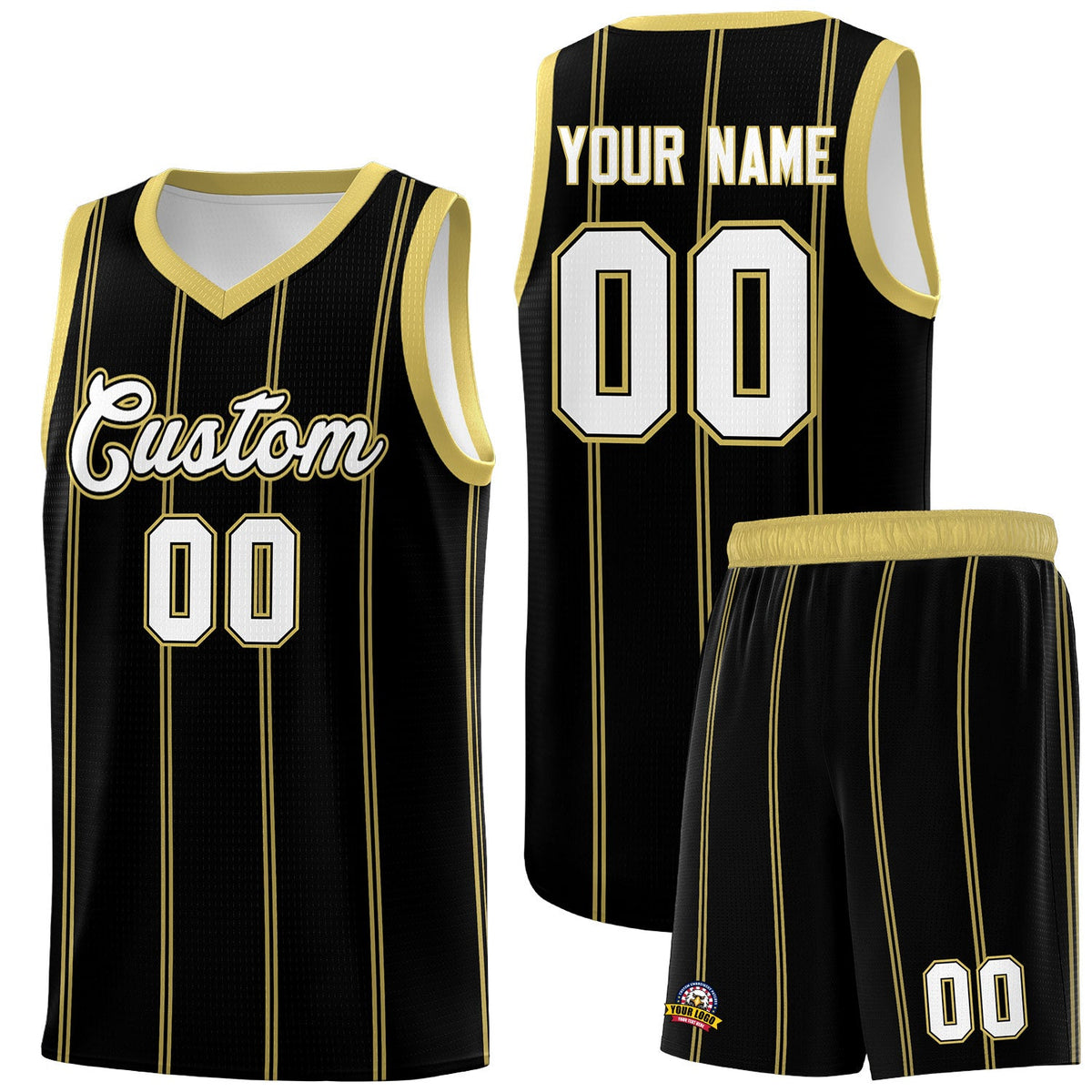 Custom Black Old Gold White Vertical Stripes Single Sided Sets Basketball Jersey | For Men,Stitched,Perfect for Training,Add Name and Numbern | KXKSHOP