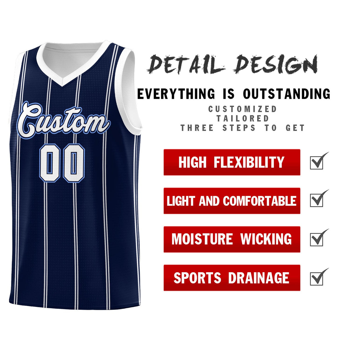 Custom Navy White Light Blue Vertical Stripes Single Sided Sets Basketball Jersey | For Men,Stitched,Perfect for Training,Add Name and Numbern | KXKSHOP