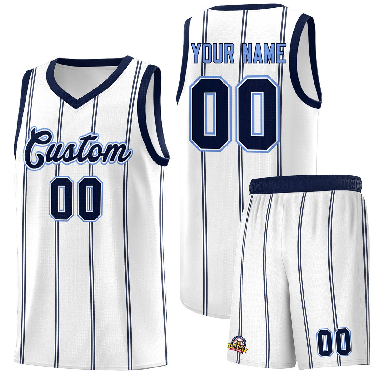 Custom White Navy Light Blue Vertical Stripes Single Sided Sets Basketball Jersey | For Men,Stitched,Perfect for Training,Add Name and Numbern | KXKSHOP