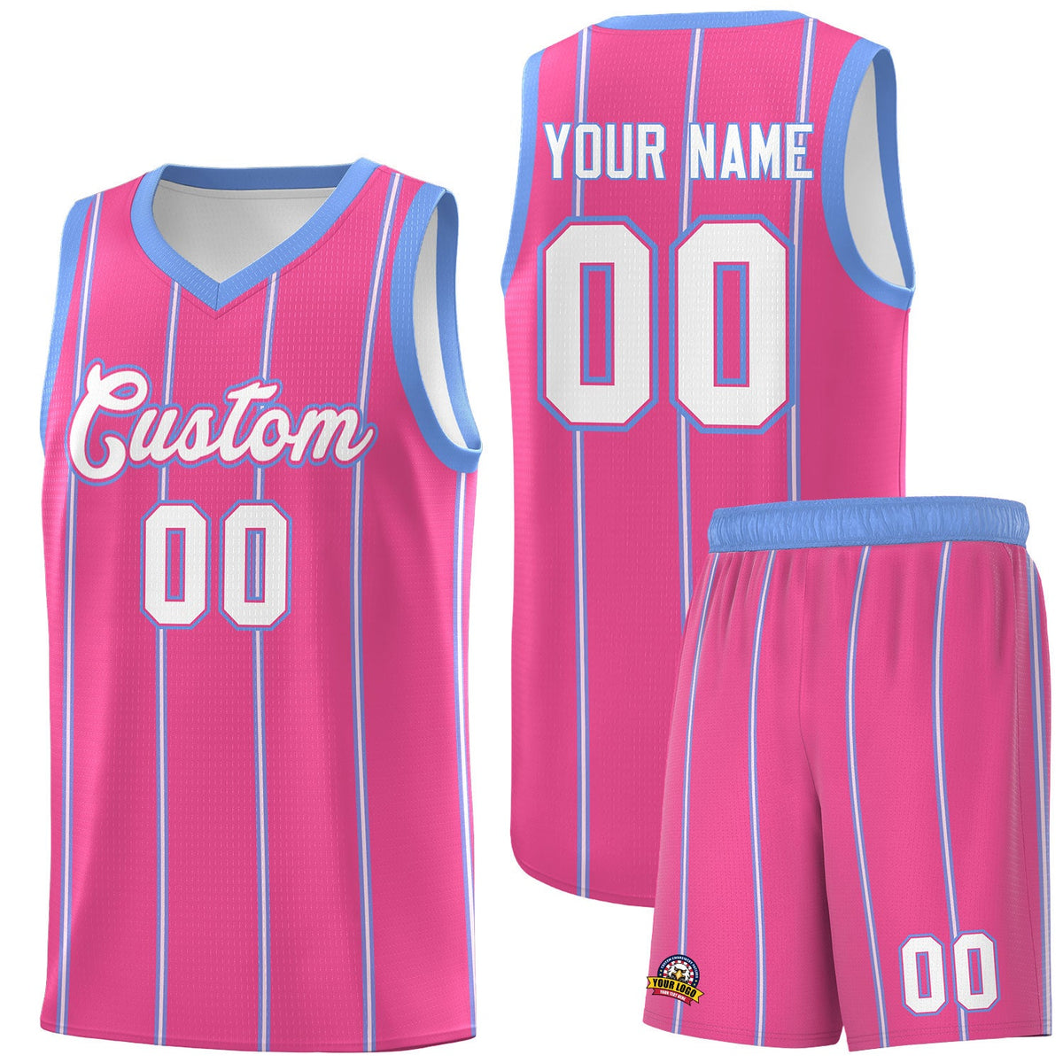 Custom Pink Light Blue White Vertical Stripes Single Sided Sets Basketball Jersey | For Men,Stitched,Perfect for Training,Add Name and Numbern | KXKSHOP