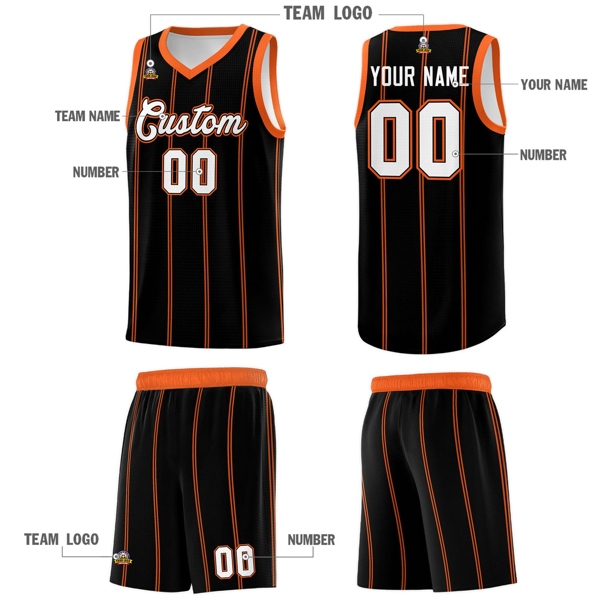 Custom Black Orange White Vertical Stripes Single Sided Sets Basketball Jersey | For Men,Stitched,Perfect for Training,Add Name and Numbern | KXKSHOP