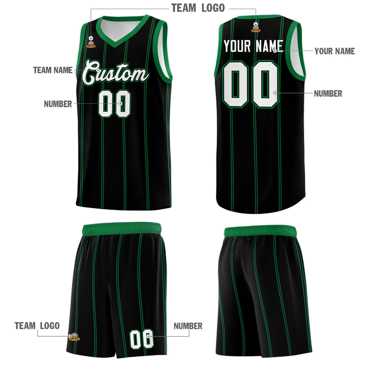 Custom Black Kelly Green White Vertical Stripes Single Sided Sets Basketball Jersey | For Men,Stitched,Perfect for Training,Add Name and Numbern | KXKSHOP