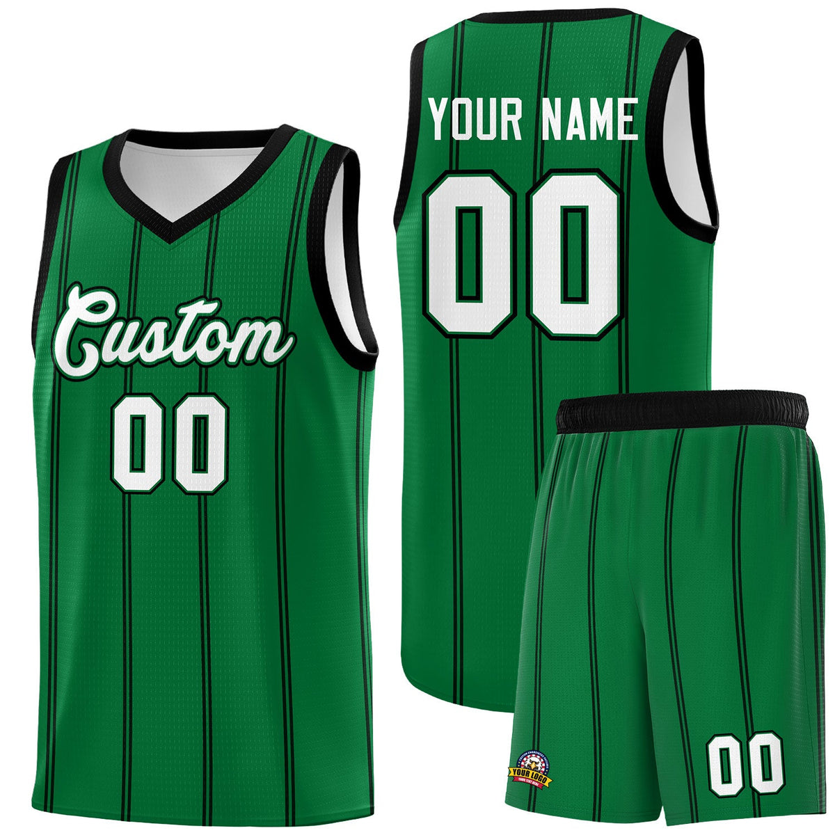 Custom Kelly Green Black White Vertical Stripes Single Sided Sets Basketball Jersey | For Men,Stitched,Perfect for Training,Add Name and Numbern | KXKSHOP