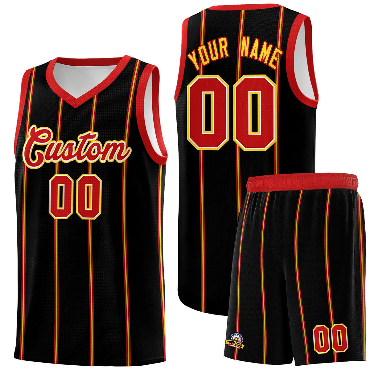 Custom Black Red White Gold Vertical Stripes Single Sided Sets Basketball Jersey | For Men,Stitched,Perfect for Training,Add Name and Numbern | KXKSHOP
