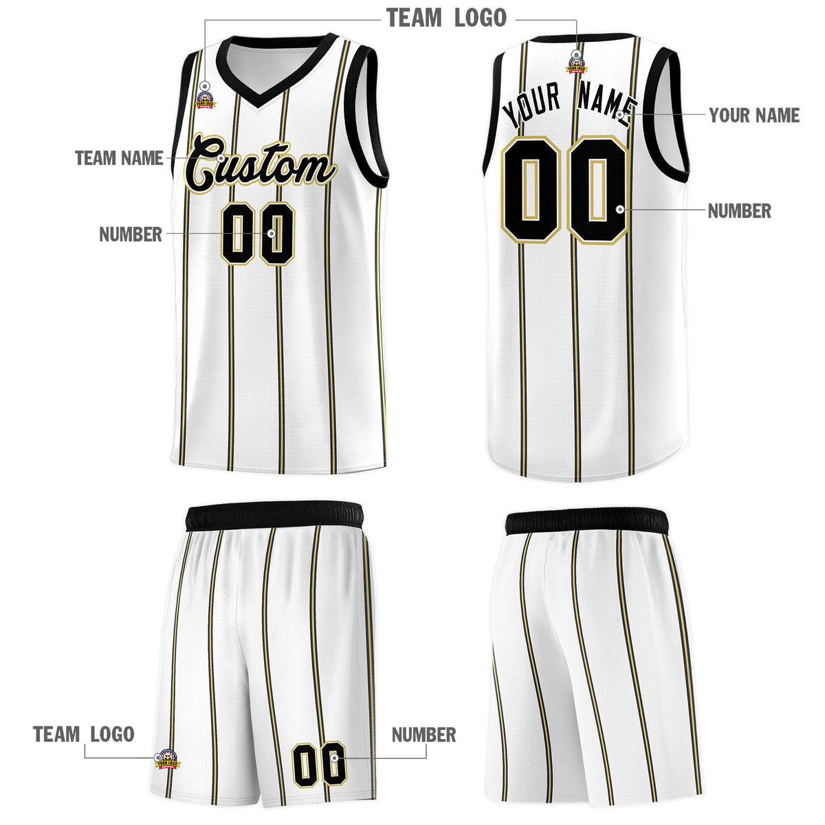 Custom White Black Old Gold Vertical Stripes Single Sided Sets Basketball Jersey | For Men,Stitched,Perfect for Training,Add Name and Numbern | KXKSHOP