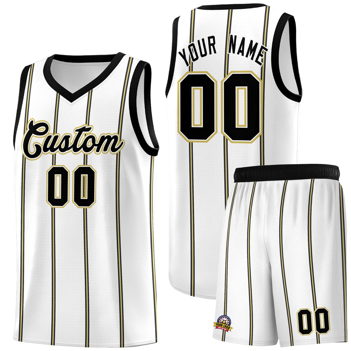 Custom White Black Old Gold Vertical Stripes Single Sided Sets Basketball Jersey | For Men,Stitched,Perfect for Training,Add Name and Numbern | KXKSHOP