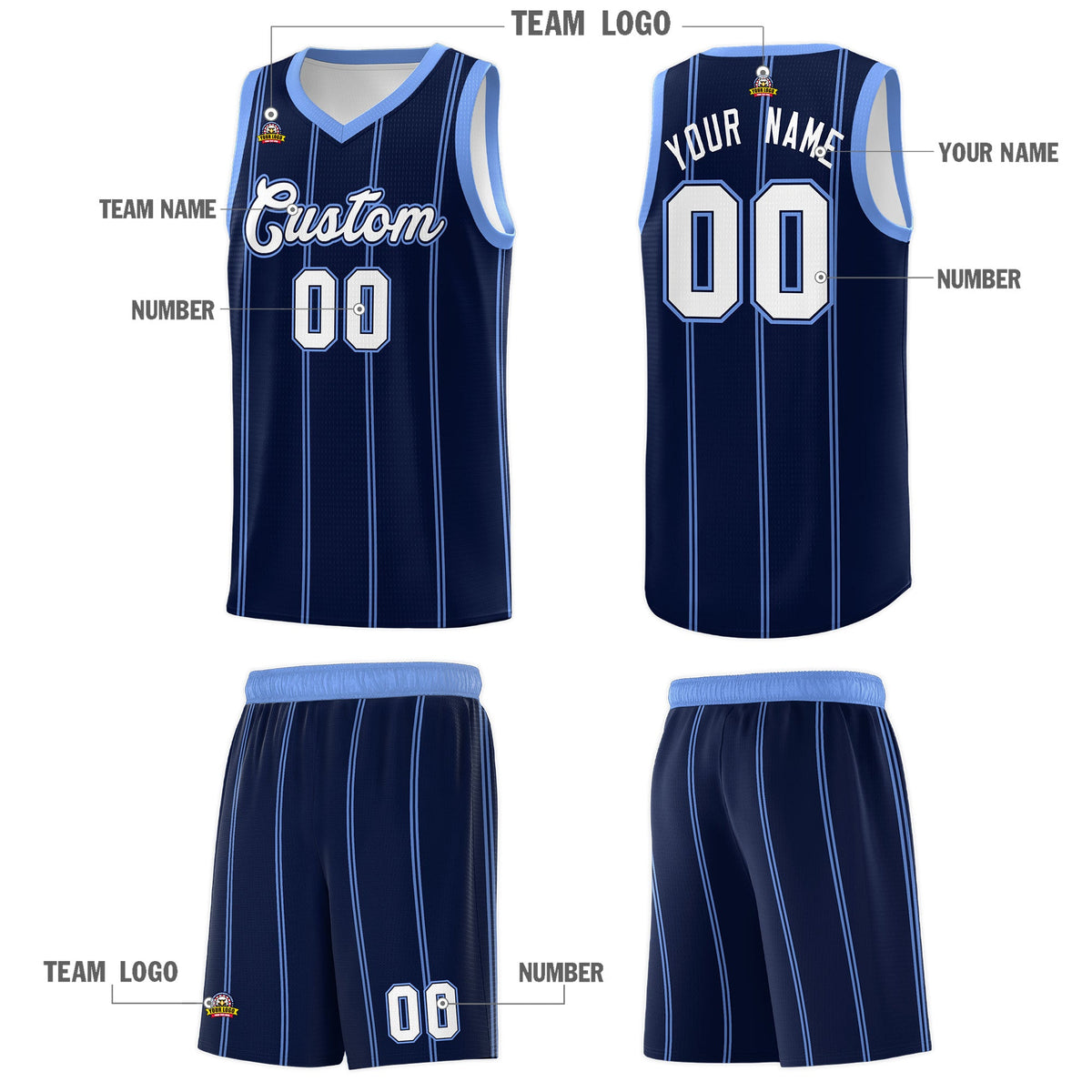 Custom Navy Light Blue White Vertical Stripes Single Sided Sets Basketball Jersey | For Men,Stitched,Perfect for Training,Add Name and Numbern | KXKSHOP