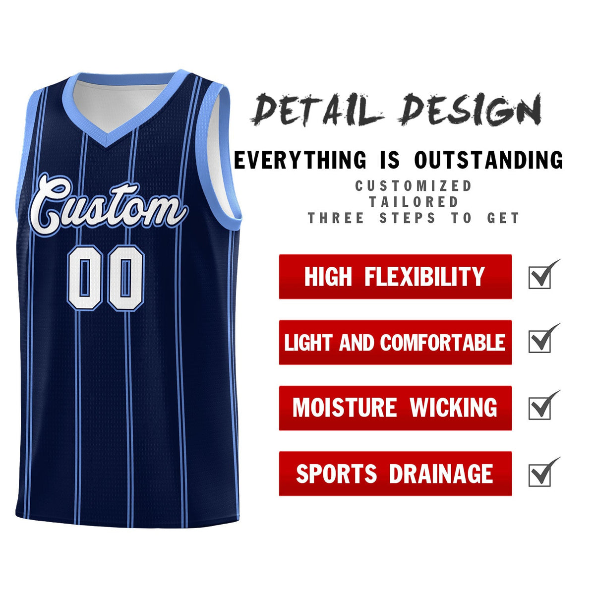 Custom Navy Light Blue White Vertical Stripes Single Sided Sets Basketball Jersey | For Men,Stitched,Perfect for Training,Add Name and Numbern | KXKSHOP