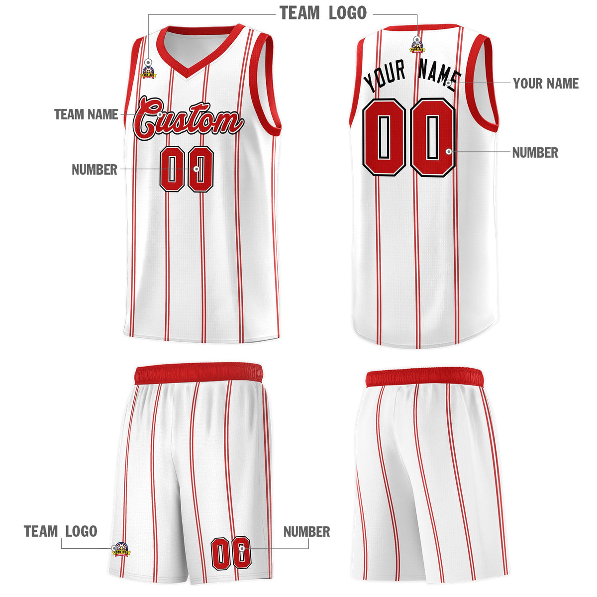 Custom White Red Black Vertical Stripes Single Sided Sets Basketball Jersey | For Men,Stitched,Perfect for Training,Add Name and Numbern | KXKSHOP