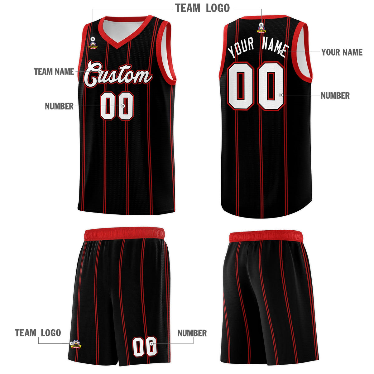 Custom Black Red White Vertical Stripes Single Sided Sets Basketball Jersey | For Men,Stitched,Perfect for Training,Add Name and Numbern | KXKSHOP