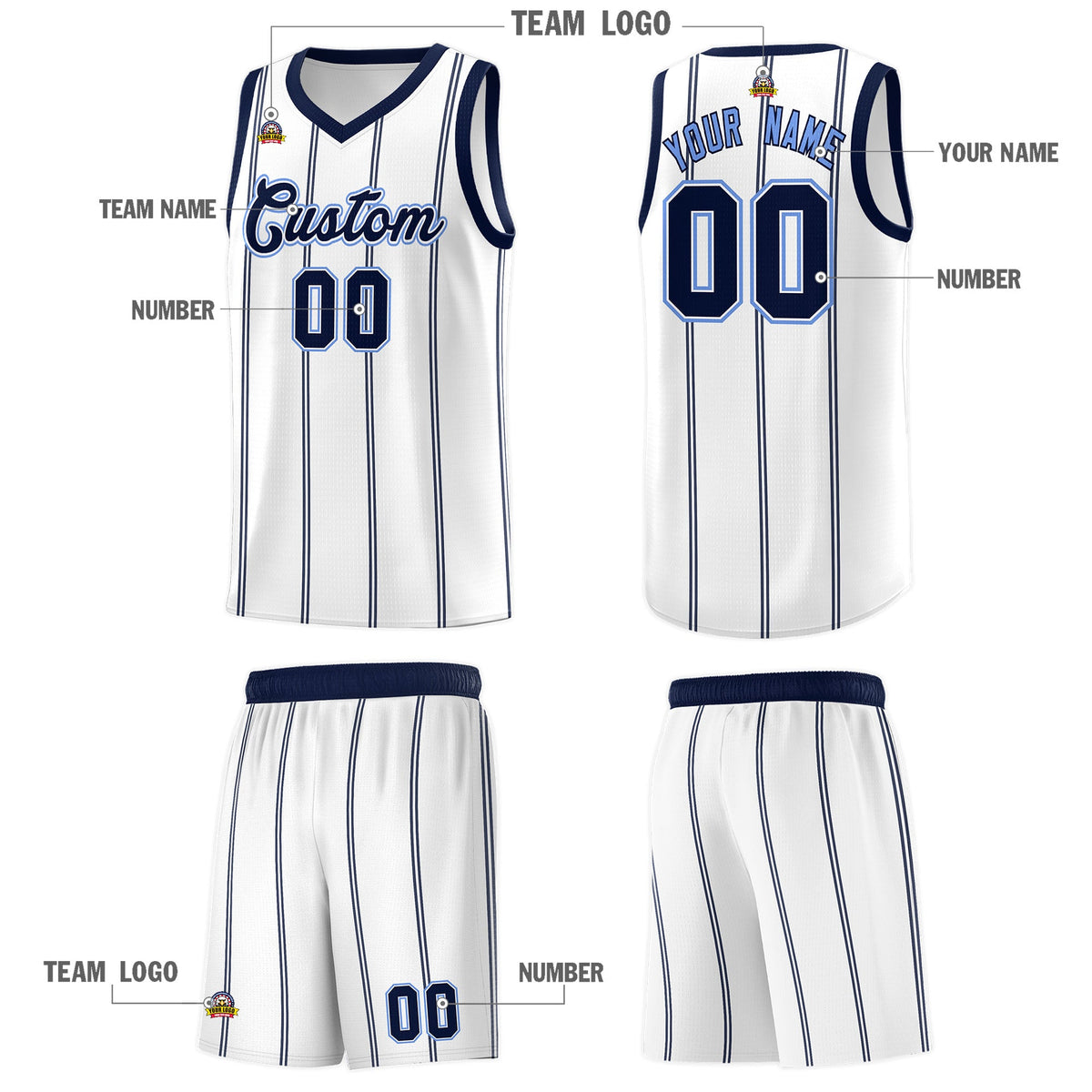 Custom White Navy Light Blue Vertical Stripes Single Sided Sets Basketball Jersey | For Men,Stitched,Perfect for Training,Add Name and Numbern | KXKSHOP