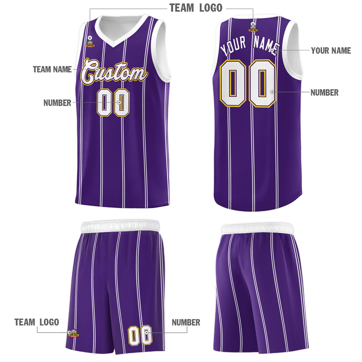 Custom Purple White Gold Vertical Stripes Single Sided Sets Basketball Jersey | For Men,Stitched,Perfect for Training,Add Name and Numbern | KXKSHOP
