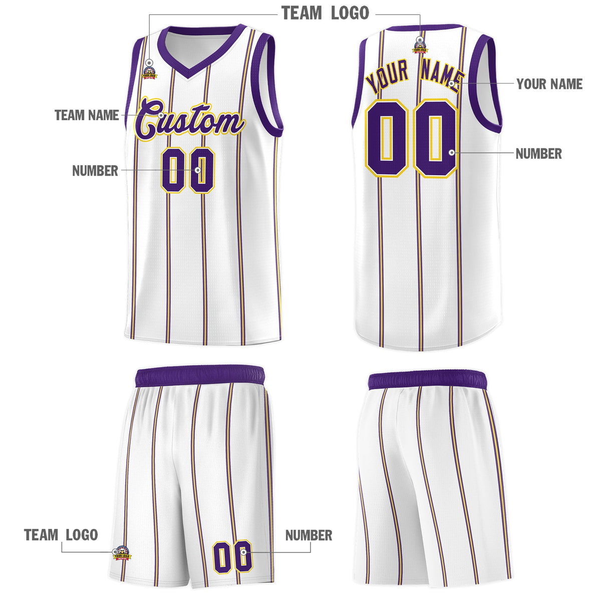 Custom White Purple Gold Vertical Stripes Single Sided Sets Basketball Jersey | For Men,Stitched,Perfect for Training,Add Name and Numbern | KXKSHOP