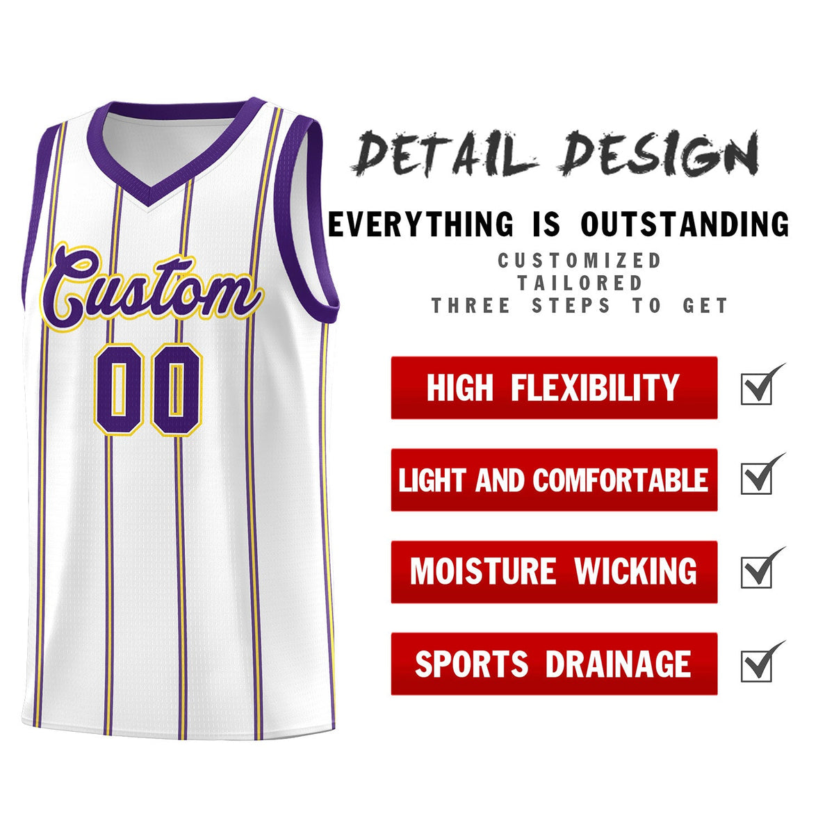 Custom White Purple Gold Vertical Stripes Single Sided Sets Basketball Jersey | For Men,Stitched,Perfect for Training,Add Name and Numbern | KXKSHOP
