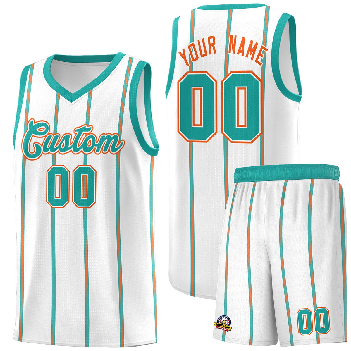 Custom White Aqua Orange Vertical Stripes Single Sided Sets Basketball Jersey | For Men,Stitched,Perfect for Training,Add Name and Numbern | KXKSHOP