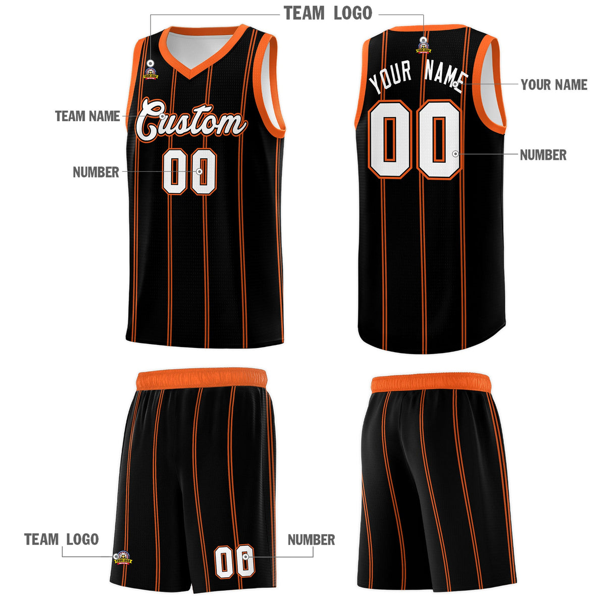 Custom Black Orange White Vertical Stripes Single Sided Sets Basketball Jersey | For Men,Stitched,Perfect for Training,Add Name and Numbern | KXKSHOP