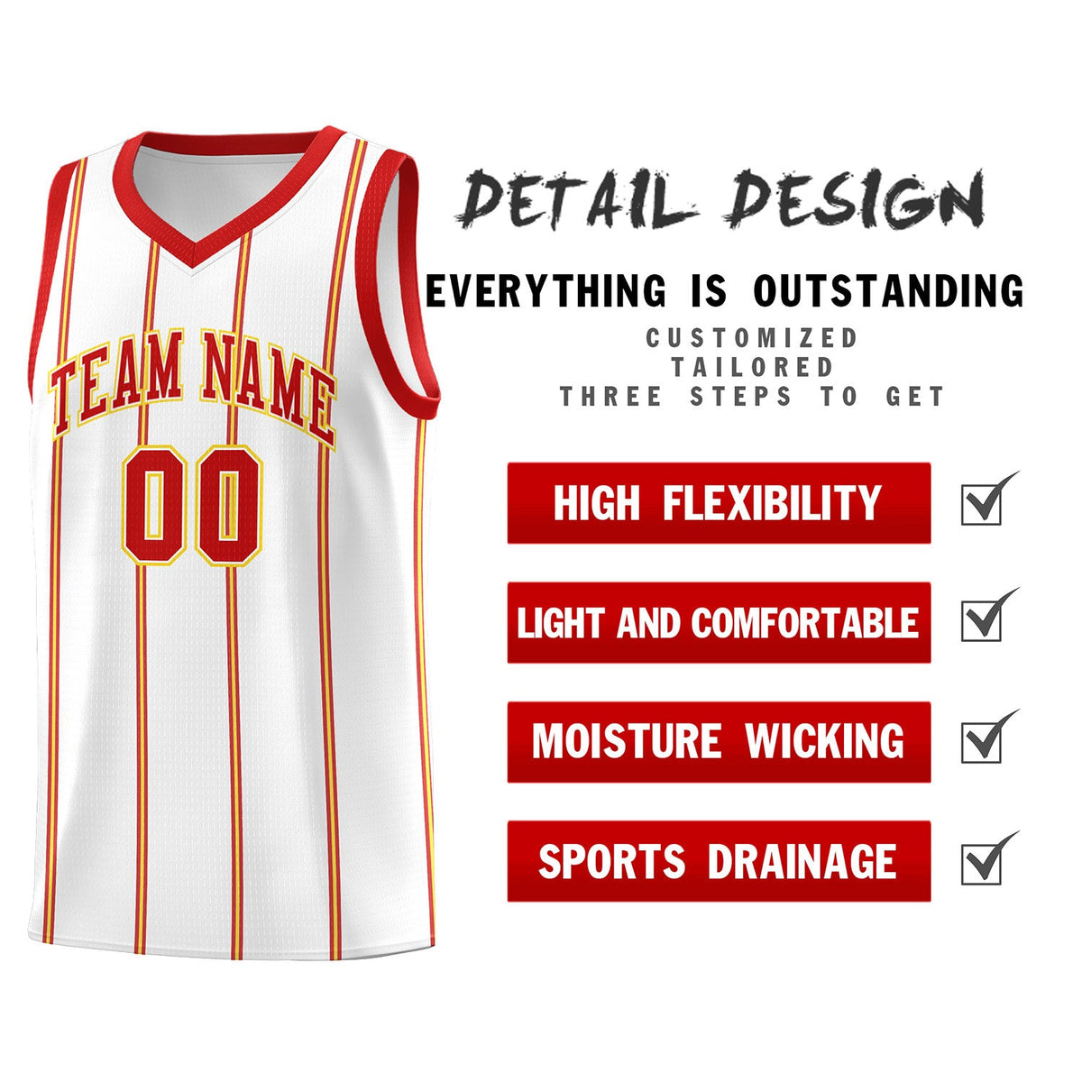 Custom White Red Gold Vertical Stripes Single Sided Sets Basketball Jersey | For Men,Stitched,Perfect for Training,Add Name and Numbern | KXKSHOP