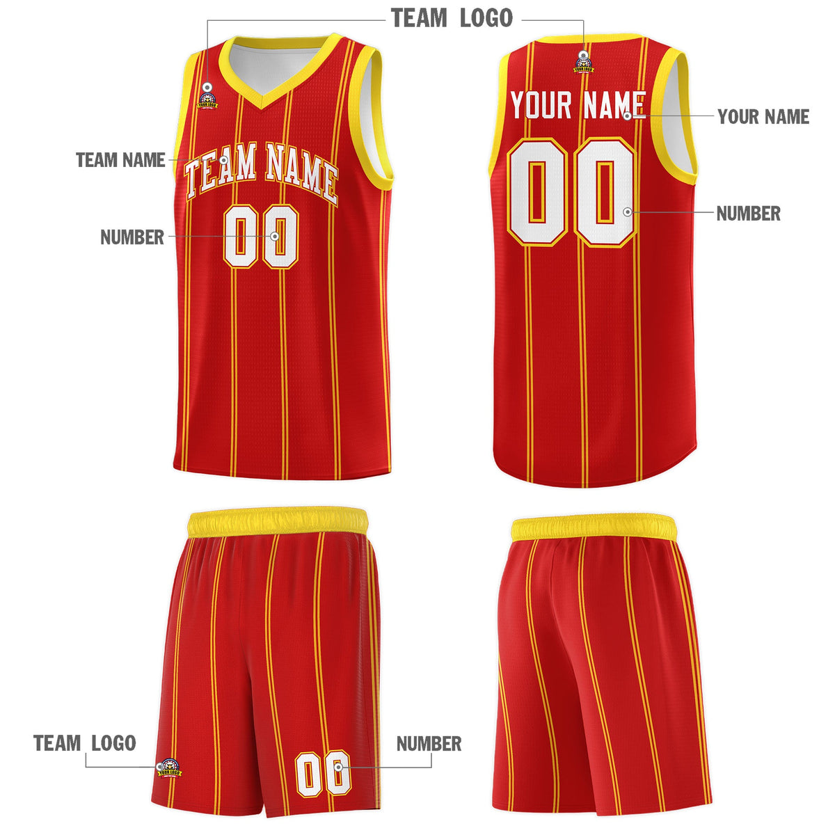 Custom Red Gold White Vertical Stripes Single Sided Sets Basketball Jersey | For Men,Stitched,Perfect for Training,Add Name and Numbern | KXKSHOP