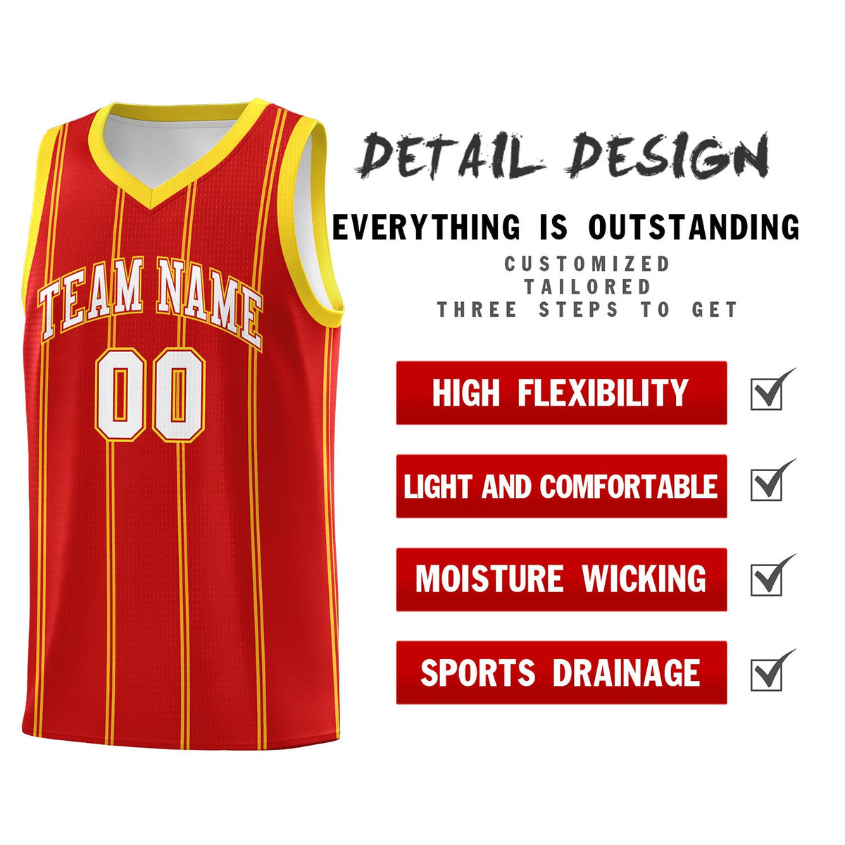 Custom Red Gold White Vertical Stripes Single Sided Sets Basketball Jersey | For Men,Stitched,Perfect for Training,Add Name and Numbern | KXKSHOP