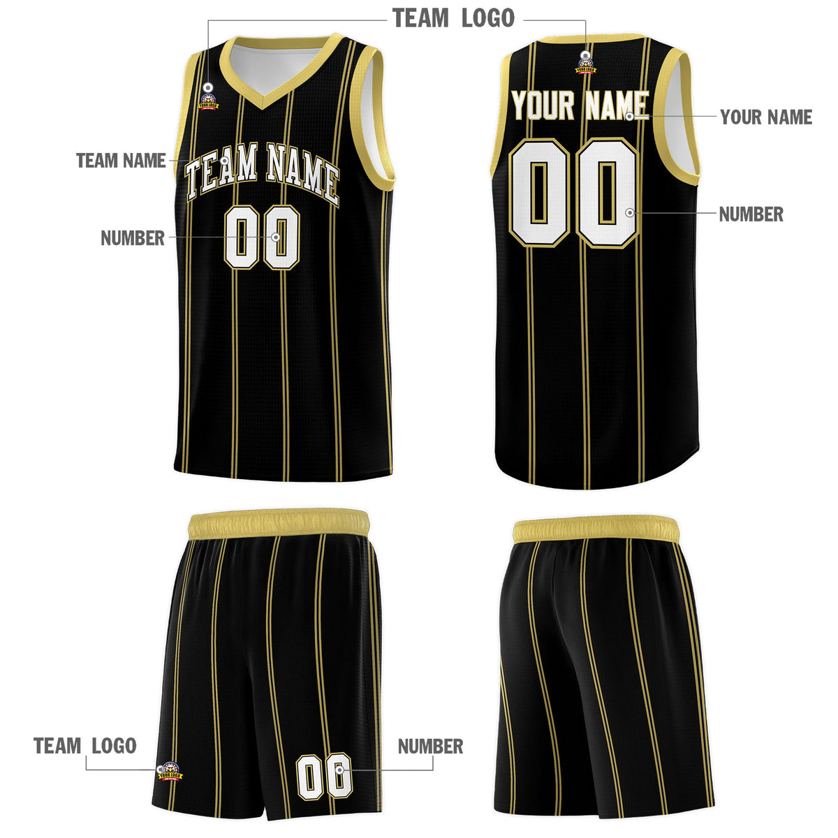 Custom Black Old Gold White Vertical Stripes Single Sided Sets Basketball Jersey | For Men,Stitched,Perfect for Training,Add Name and Numbern | KXKSHOP