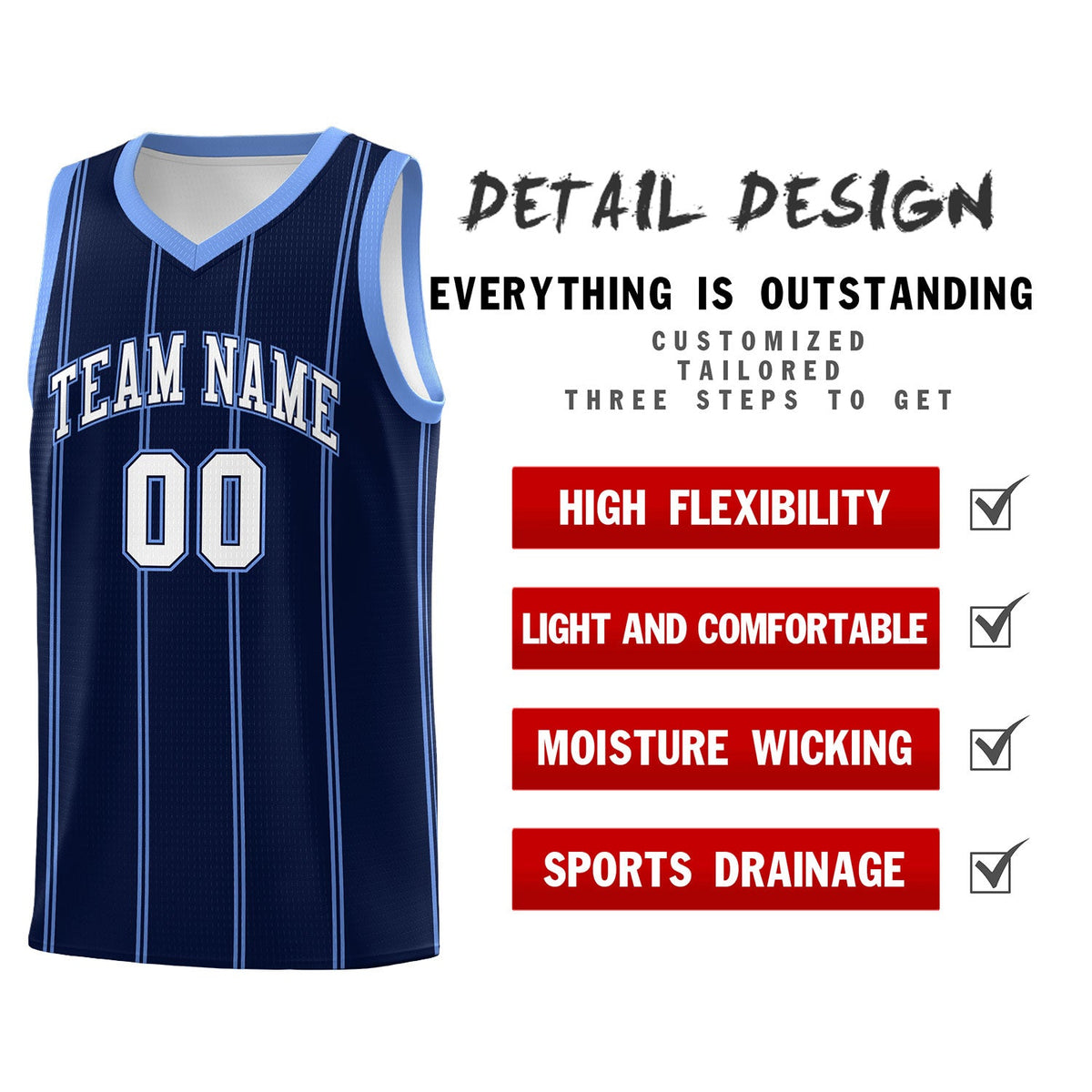 Custom Navy Light Blue White Vertical Stripes Single Sided Sets Basketball Jersey | For Men,Stitched,Perfect for Training,Add Name and Numbern | KXKSHOP